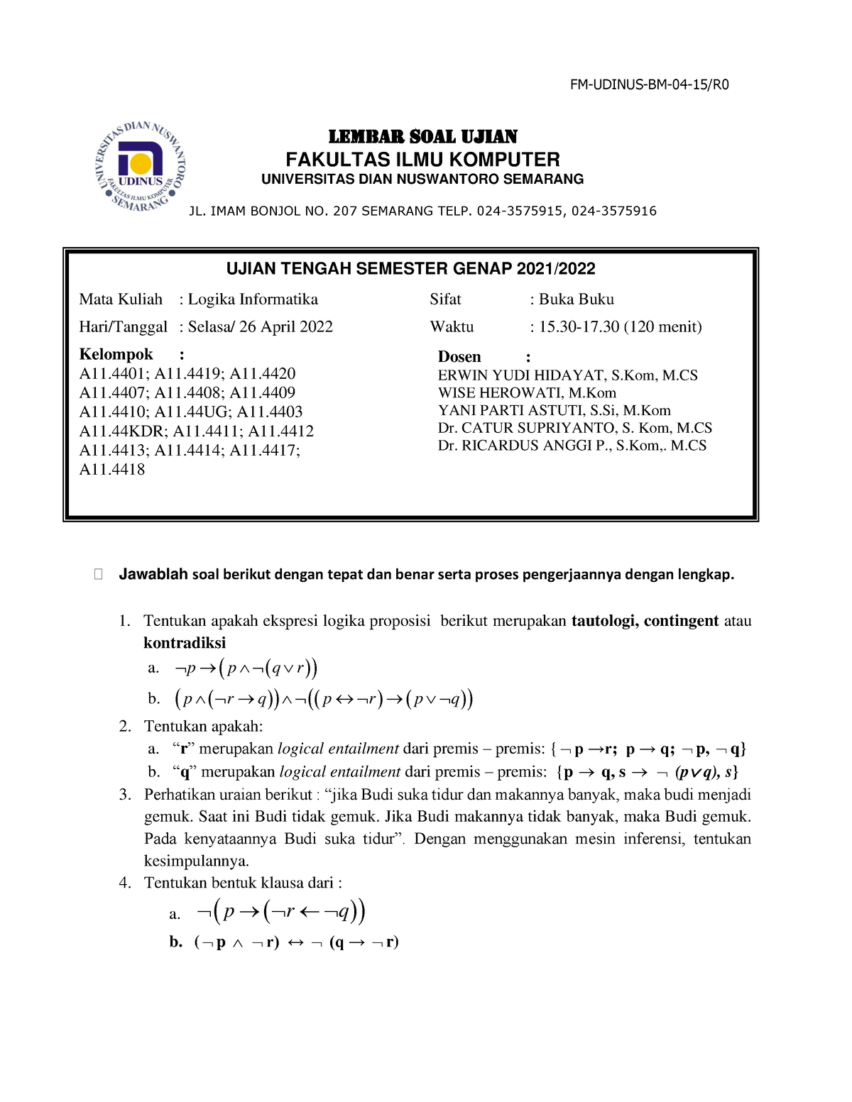 Soal Ujian Tengah Semester - 1 - FM-UDINUS-BM-04-15/R LEMBAR SOAL UJIAN ...