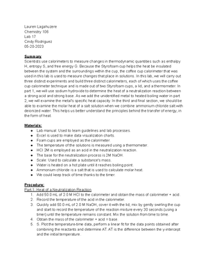 Lab 13 for lab. - Lauren Lagahuzere Chemistry 106 Lab 13 Cindy ...