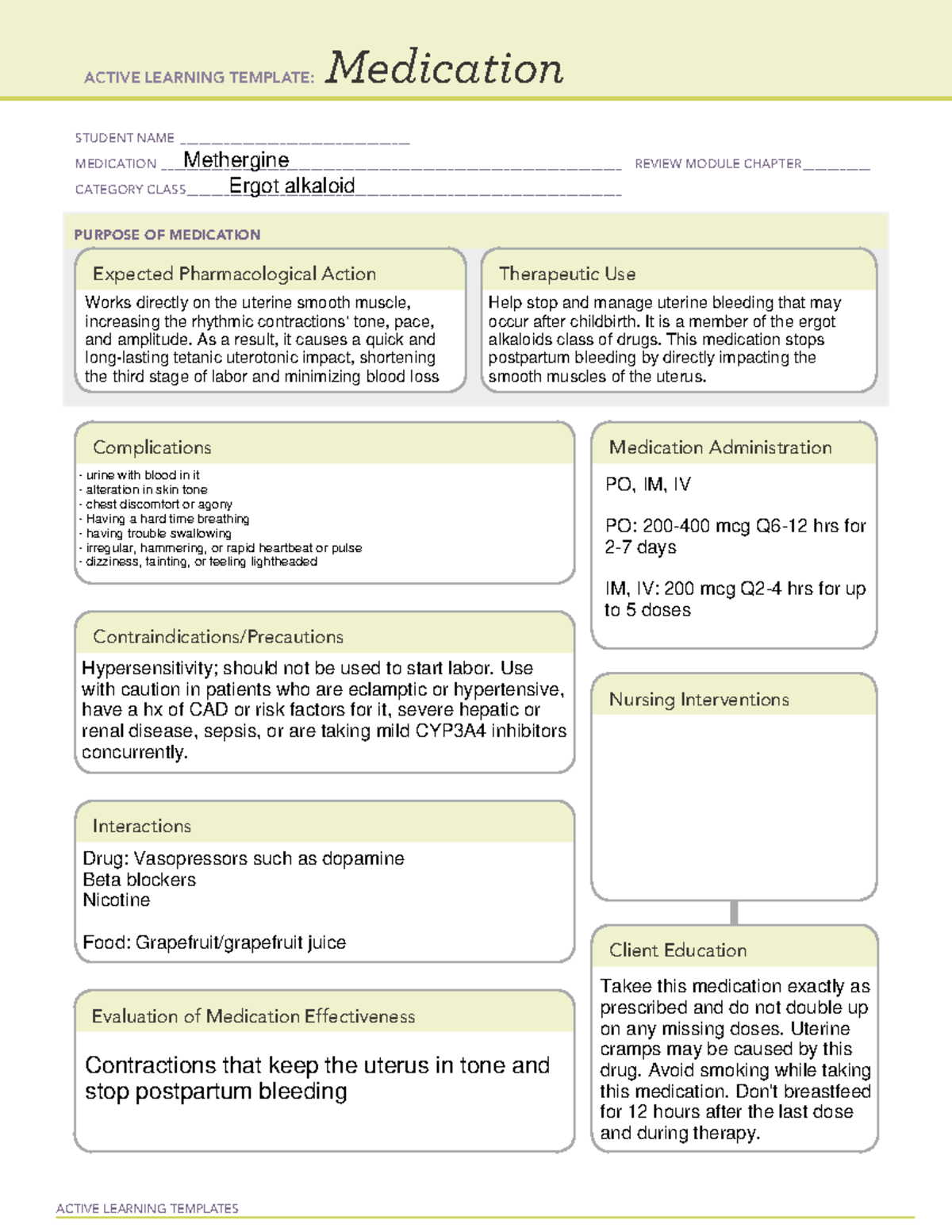 Methergine - Drug card - ACTIVE LEARNING TEMPLATES Medication STUDENT ...