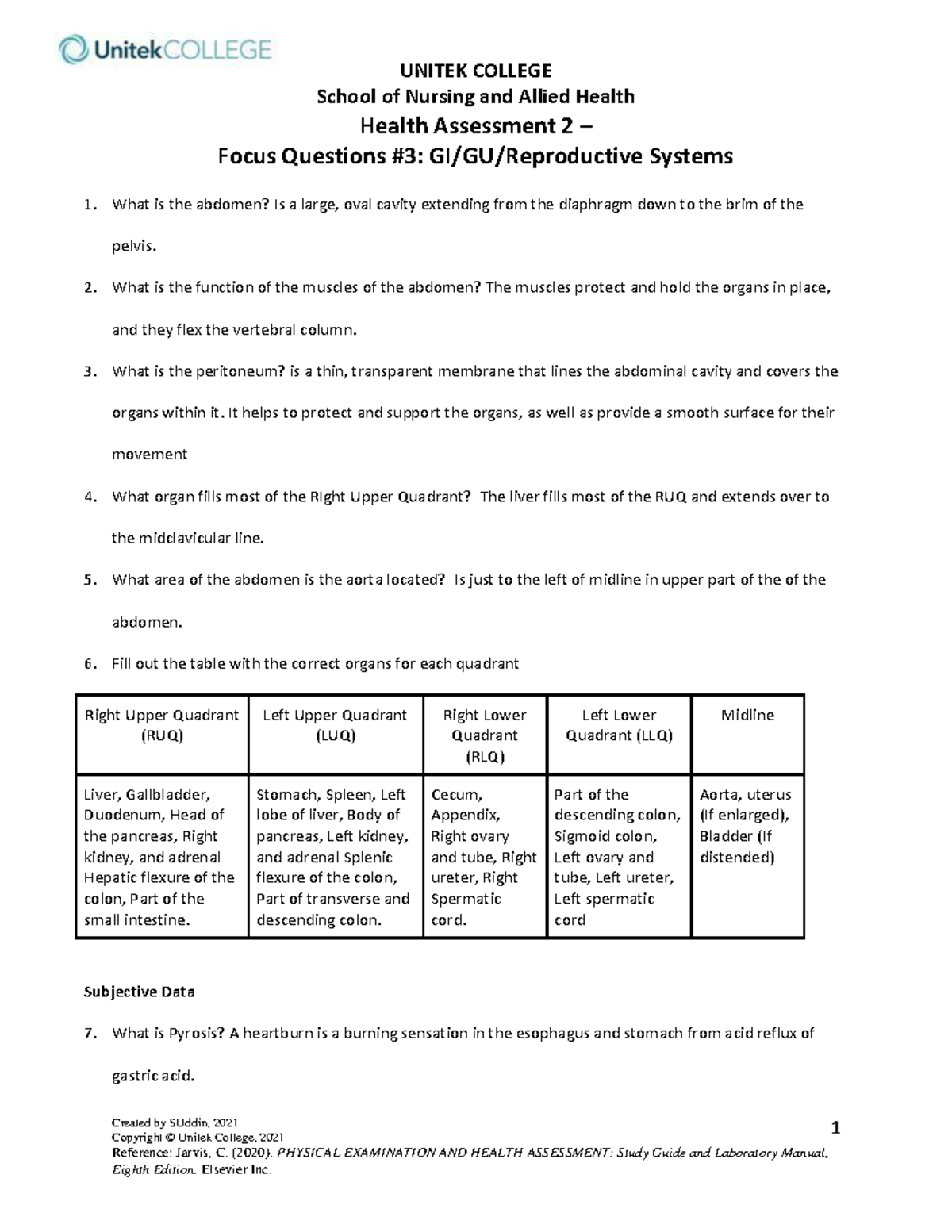 Focus Questions 3- GI, GU, and Reproductive Systems - UNITEK COLLEGE ...