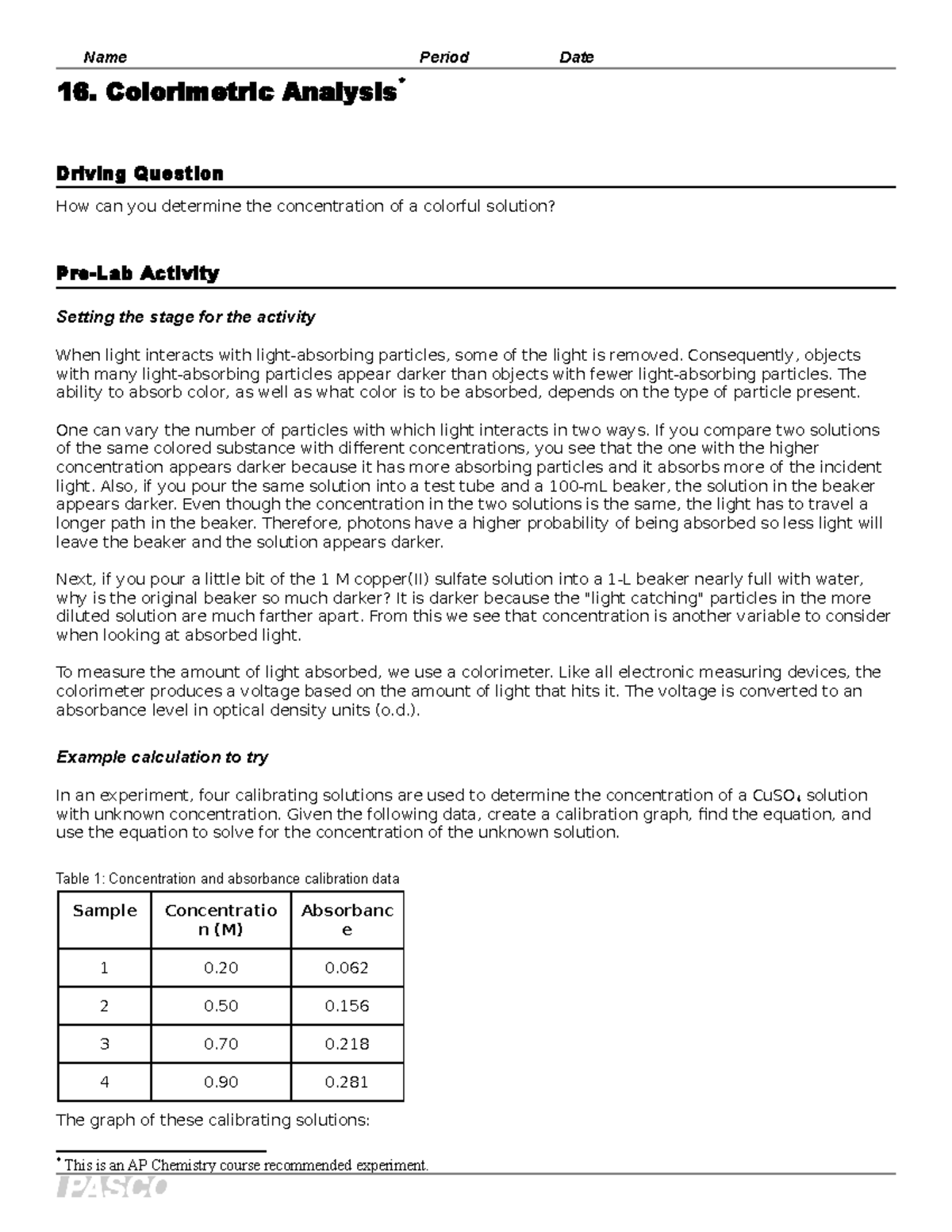 AC 16 Colorimetric Analysis for lab notebook Name Period Date 16. Colorimetric Analysis