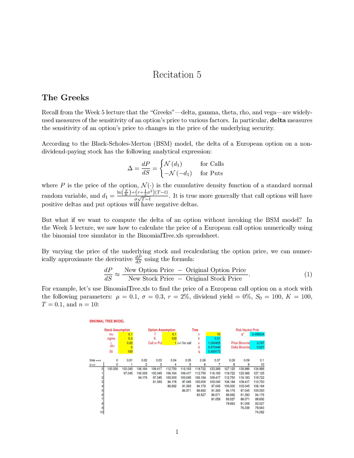 435x Rec 5 BSM And The Greeks V Final - Recitation 5 The Greeks Recall ...