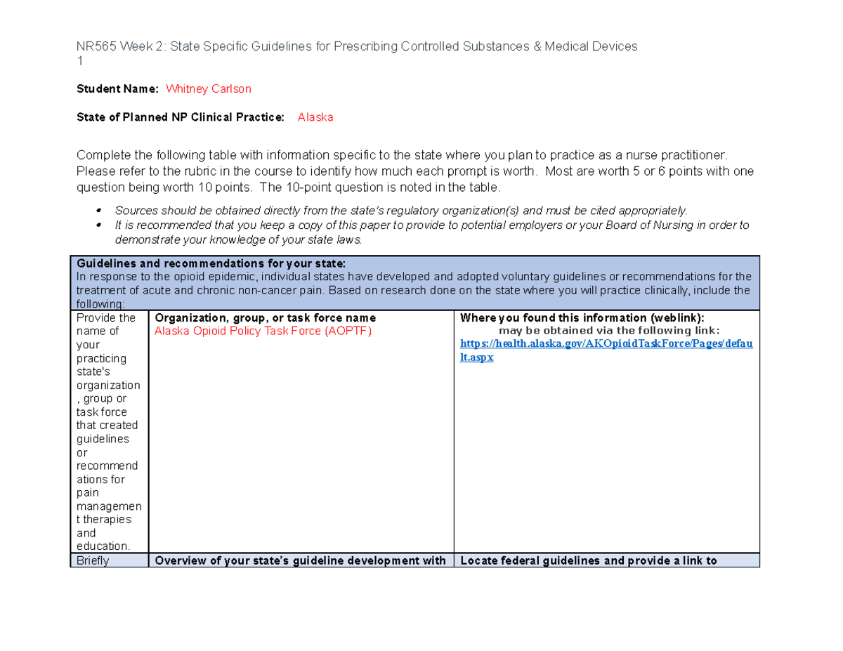 NR565 Week 2 State Specific Guidelines for Prescribing Controlled