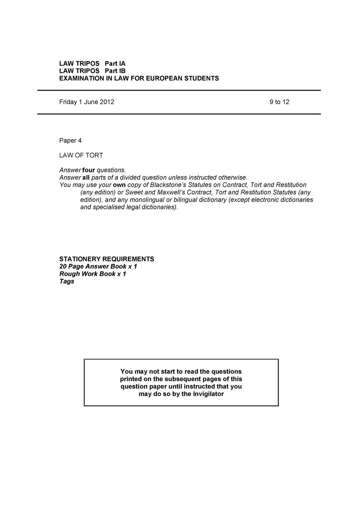 Law Of Tort Exam June 2012 Questions Law L100 Cam Studocu - 