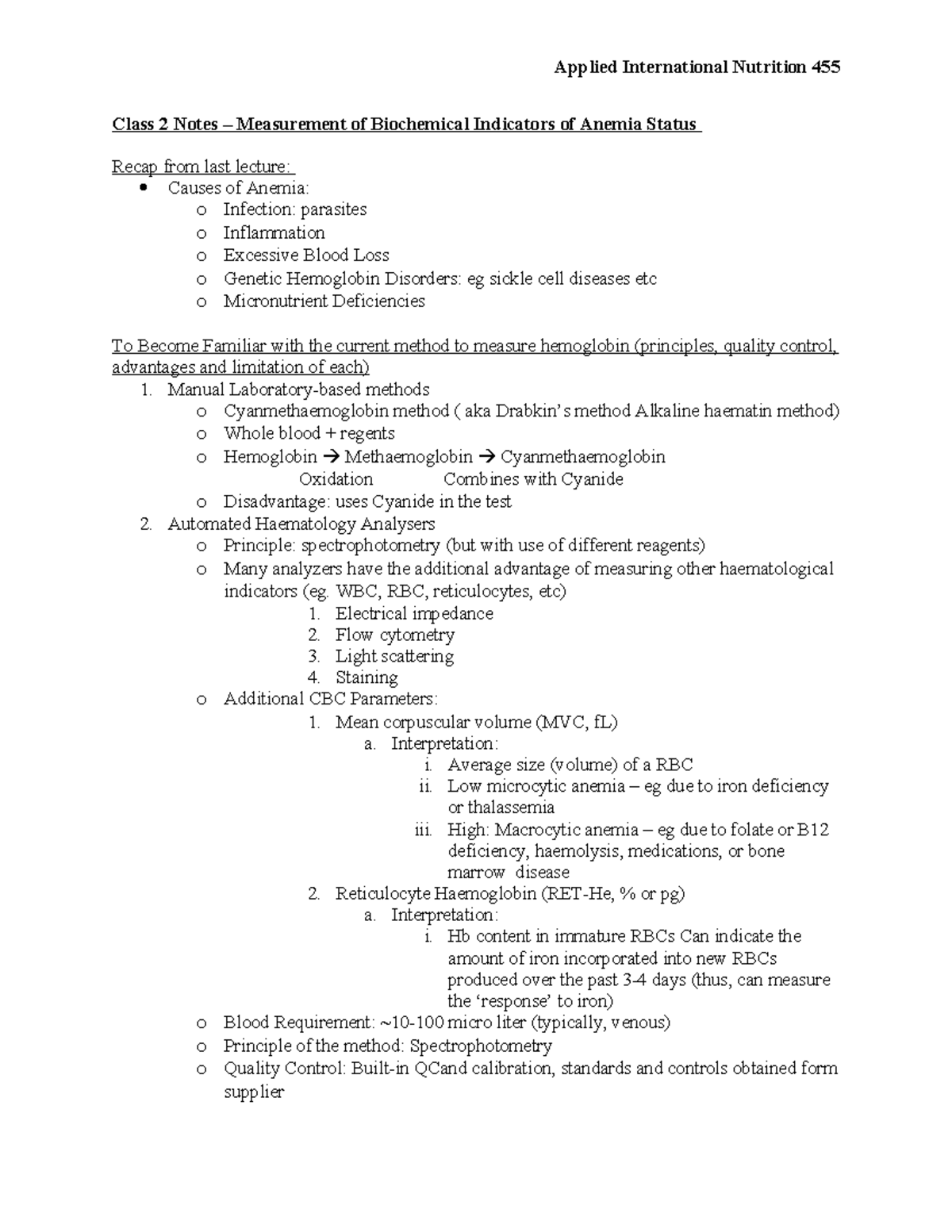 Class 2 Notes – Measurement of Biochemical Indicators of Anemia Status ...
