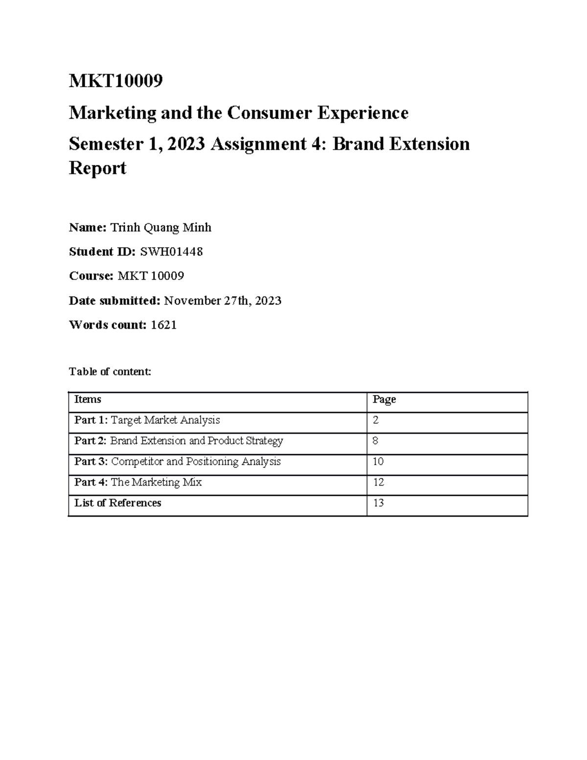 Assignment 4 - MKT10009 - TRỊNH Quang MINH - SWH01448 - MKT Marketing ...
