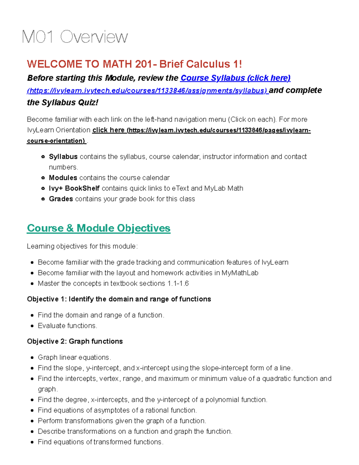 M01 Overview 10FSummer 2022Brief Calculus I M01 Overview TO