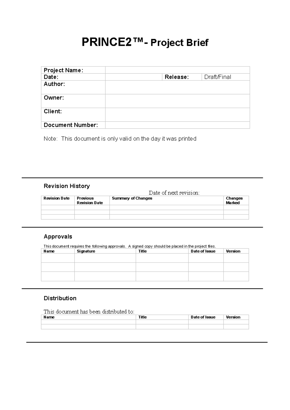 Project Brief PRINCE2™ Project Brief Project Name Date Release