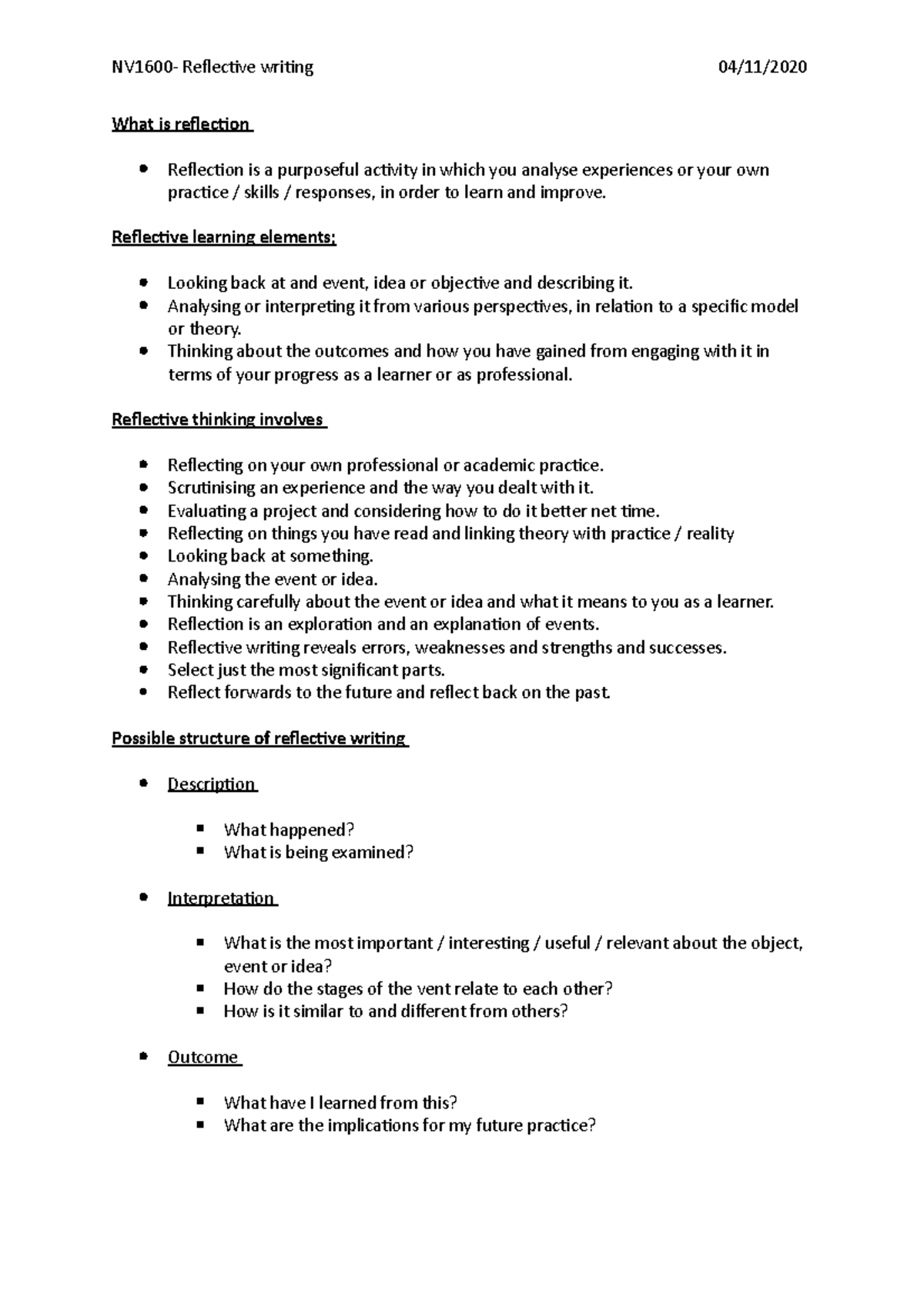 Reflective writing notes - NV1600- Reflective writing 04/11/ What is ...