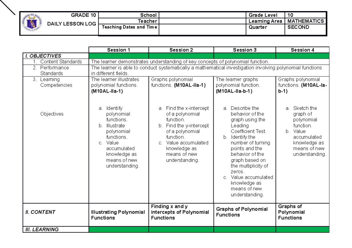 Grade 10 Daily Lesson Log Quarter 2 - GRADE 10 DAILY LESSON LOG School ...