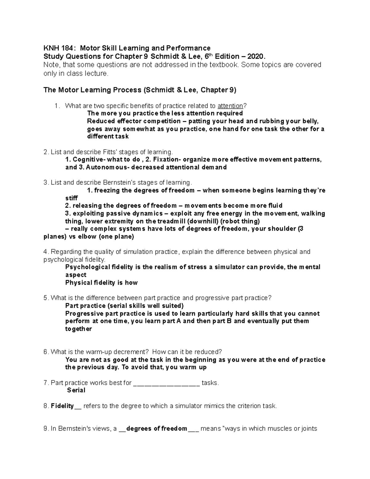 KNH 184 Chapter 9 Study Questions - KNH 184: Motor Skill Learning and ...