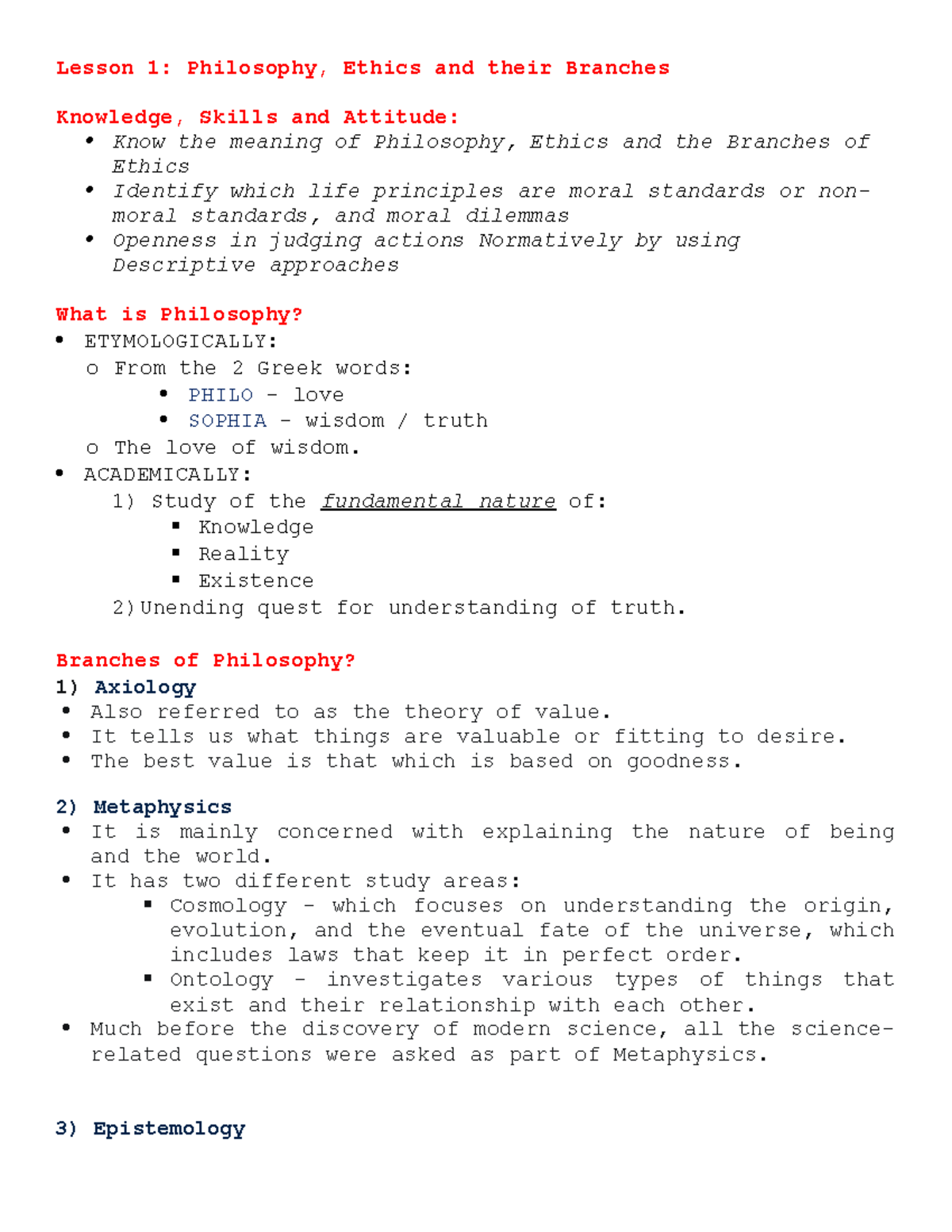 Lesson 1 Meaning and Branches of Philosophy and Ethics 1 - Lesson 1 ...