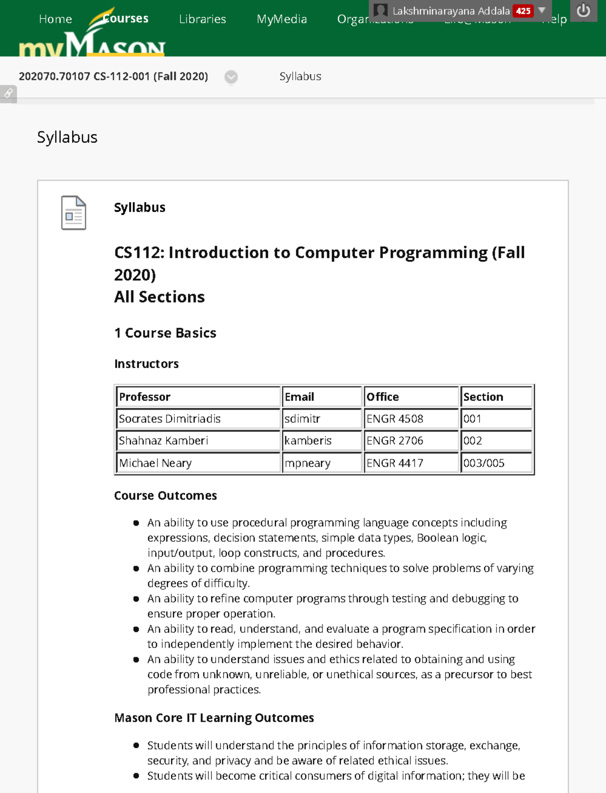 CS 112 Syllabus For Fall Semester 2020-2021 - 202070 CS-112-001 (Fall ...