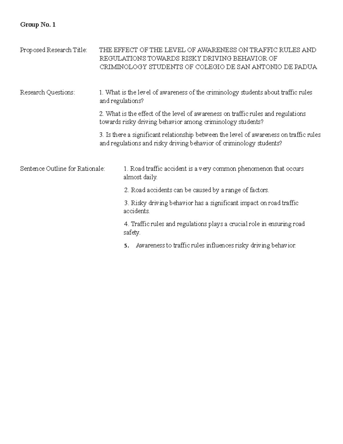Sentence Outline Group No 1 Proposed Research Title THE EFFECT OF