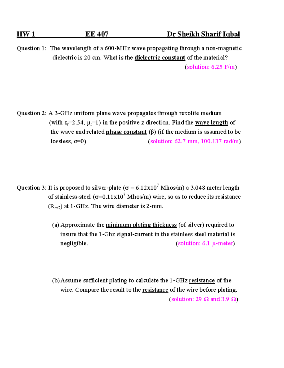 HW 1 question 407 062 - RF design - HW 1 EE 407 Dr Sheikh Sharif Iqbal ...