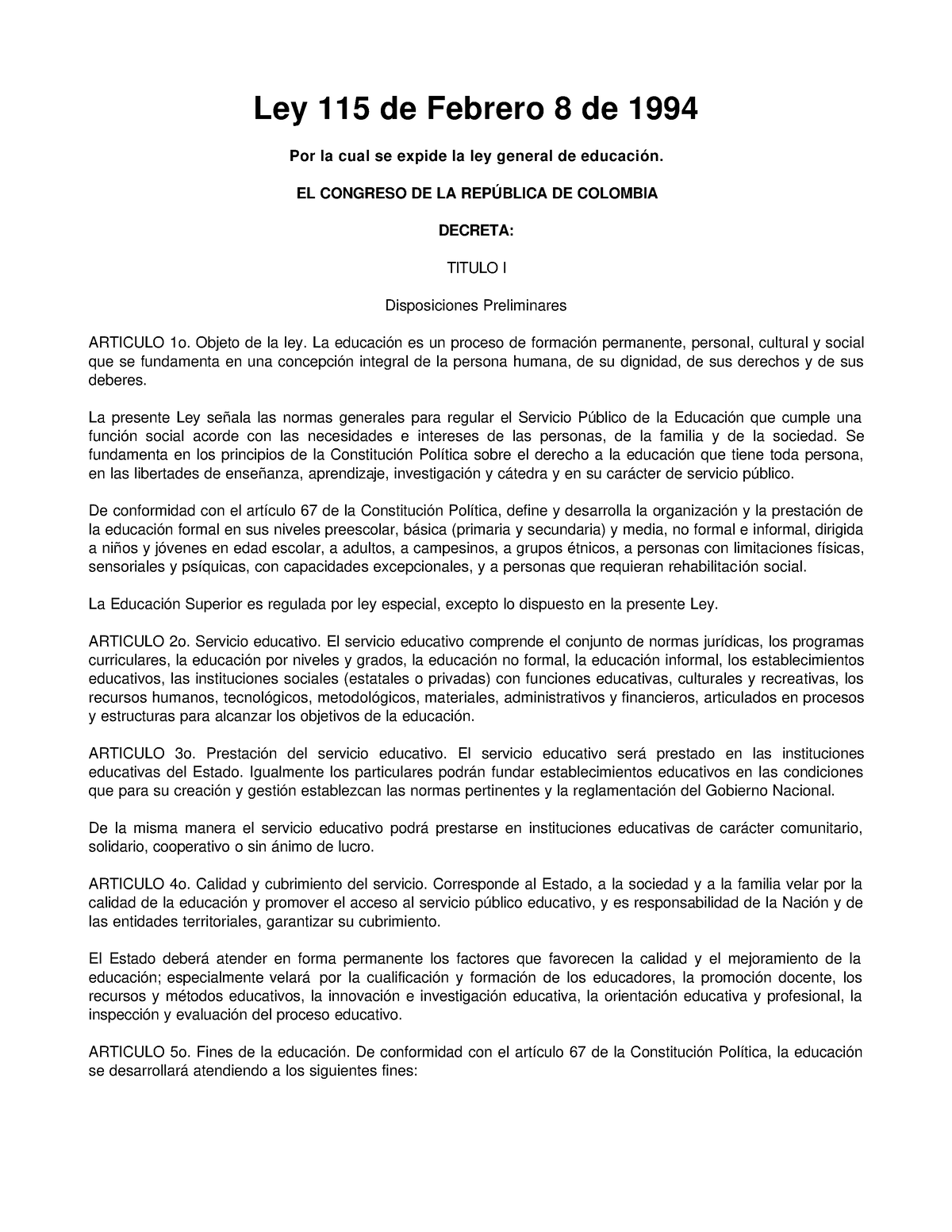 Ley General De Educacion 115 - Ley 115 De Febrero 8 De 1994 Por La Cual ...