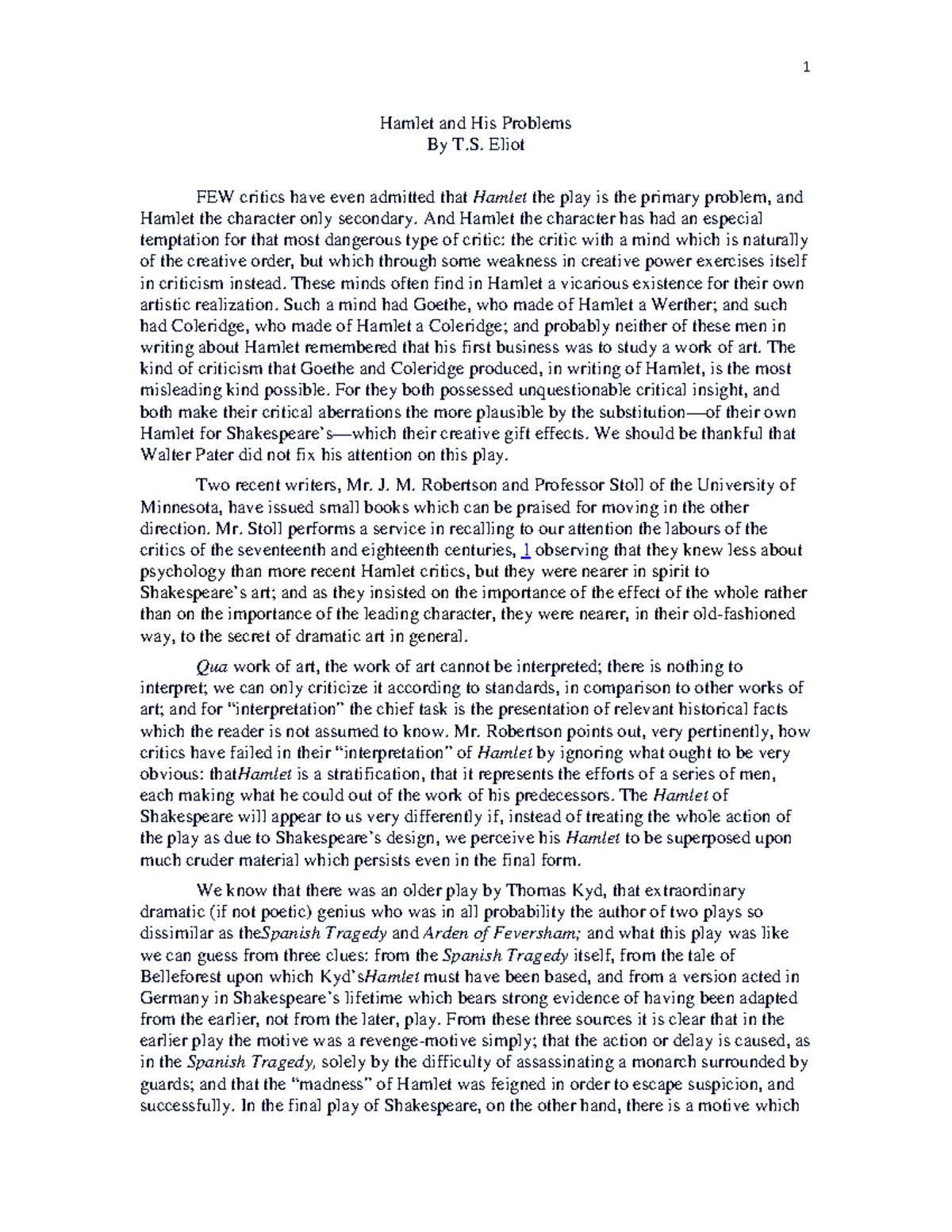 Hamlet and his Problems English literature MG University Studocu