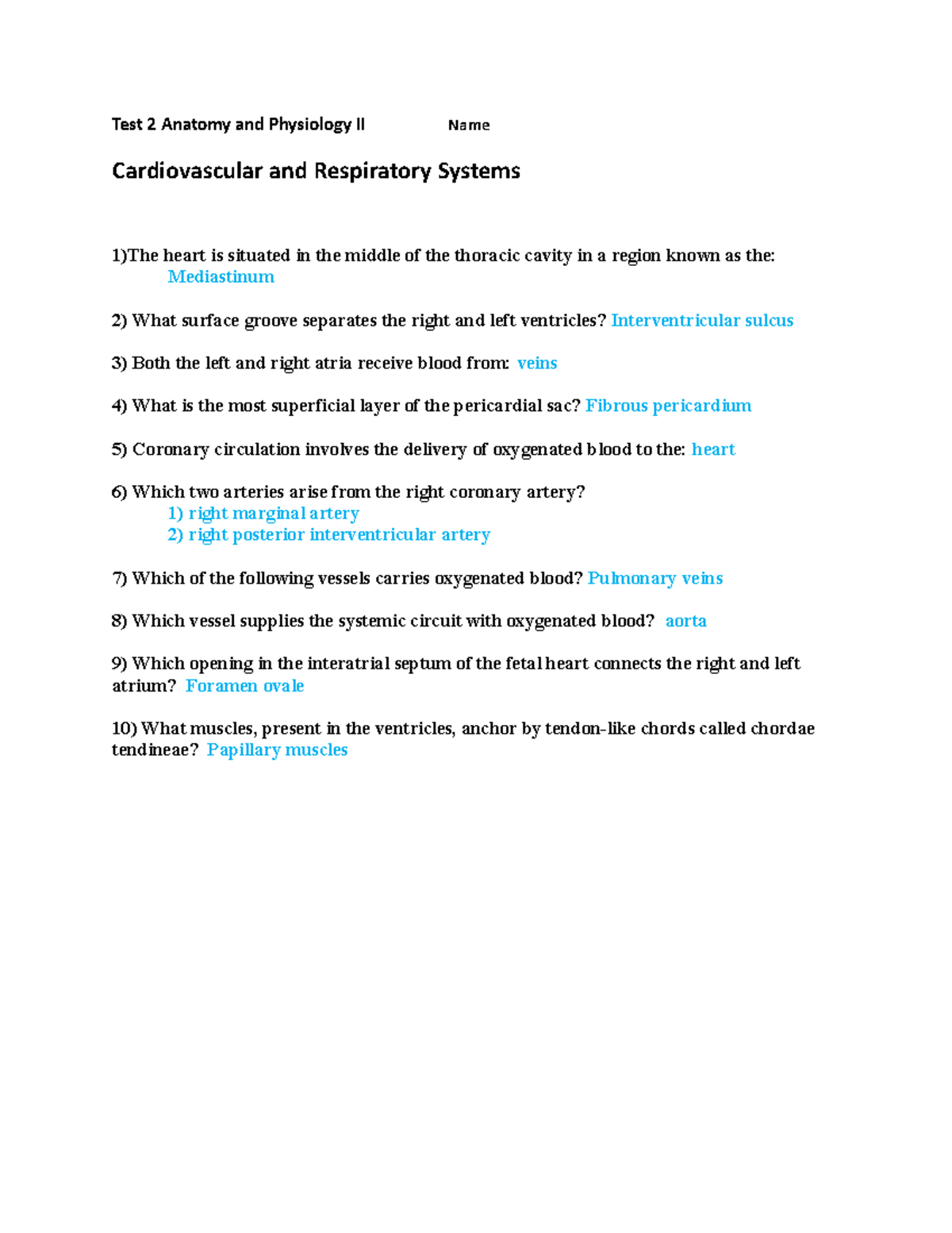 Answer Key For Test 2 Anatomy - Test 2 Anatomy And Physiology II Name ...