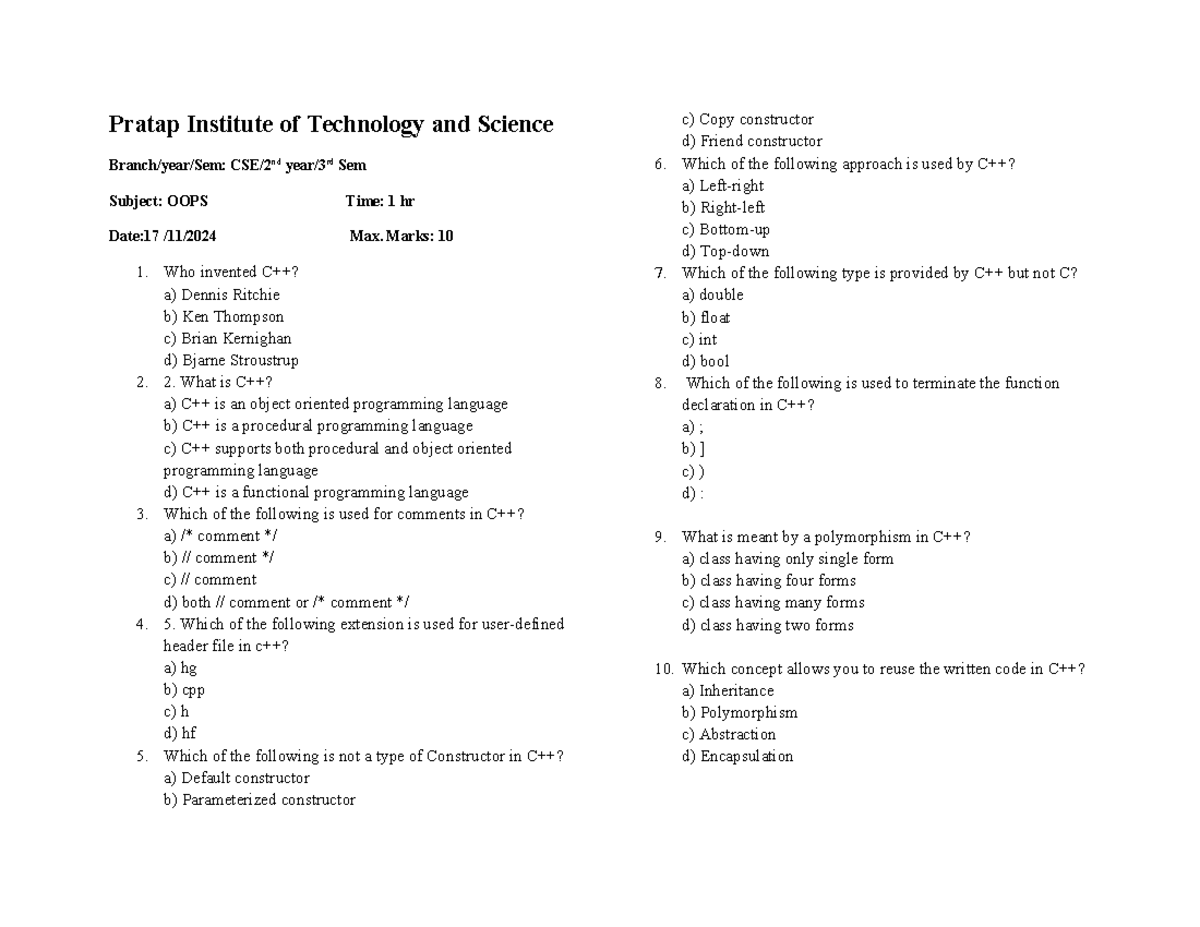 OBJ 1 C++ - objective questions of C++ - Pratap Institute of Technology ...