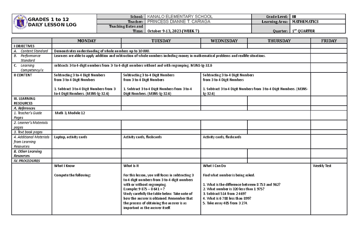 DLL Mathematics 3 Q1 W7 - daily lesson log - GRADES 1 to 12 DAILY ...