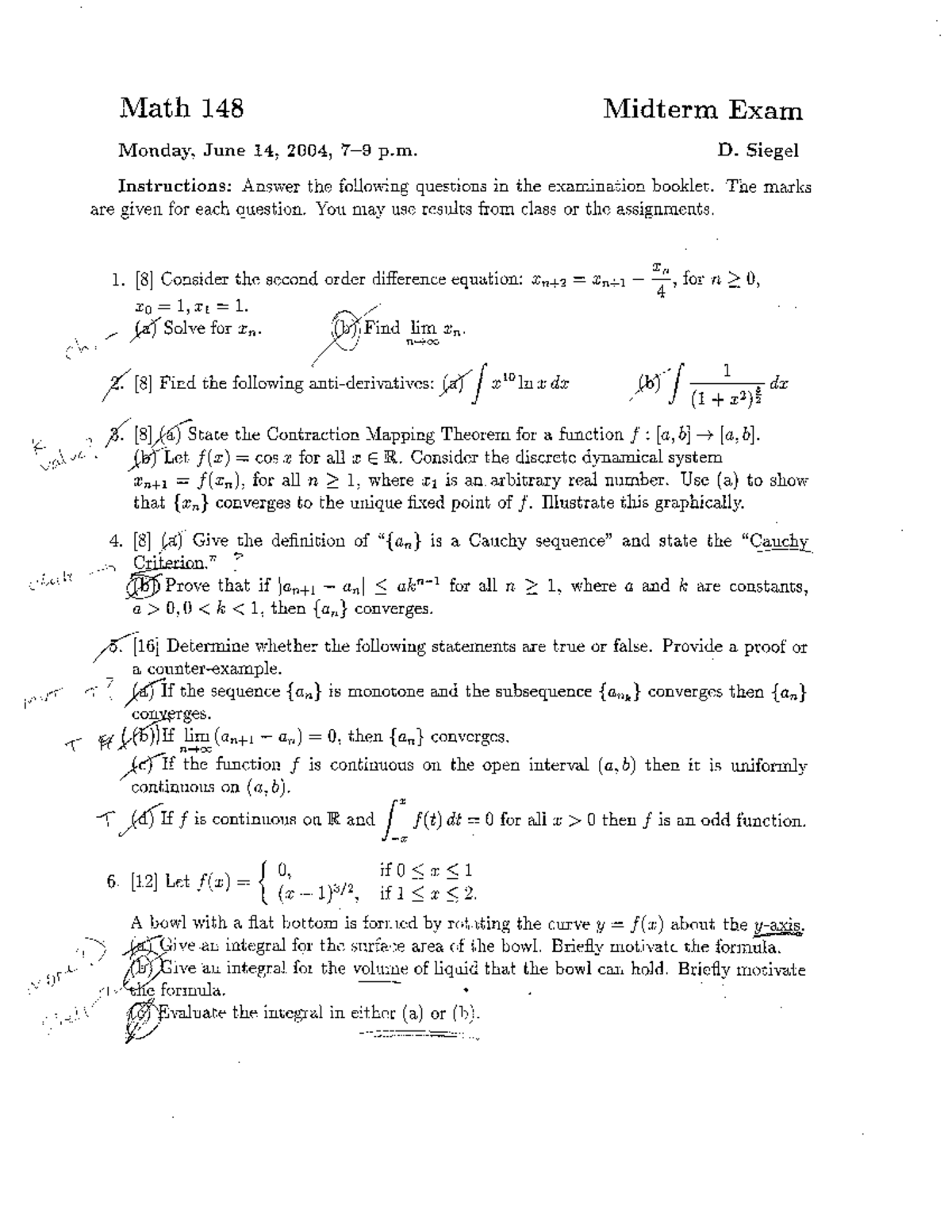 Exam 14 June 2004, questions - Math 148 Midterm Exam Monday, June 14 ...