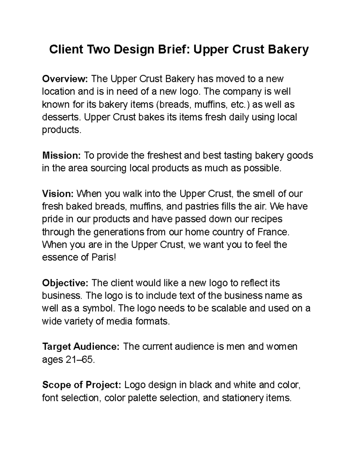 Client Two Design Brief Upper Crust Bakery Client Two Design Brief
