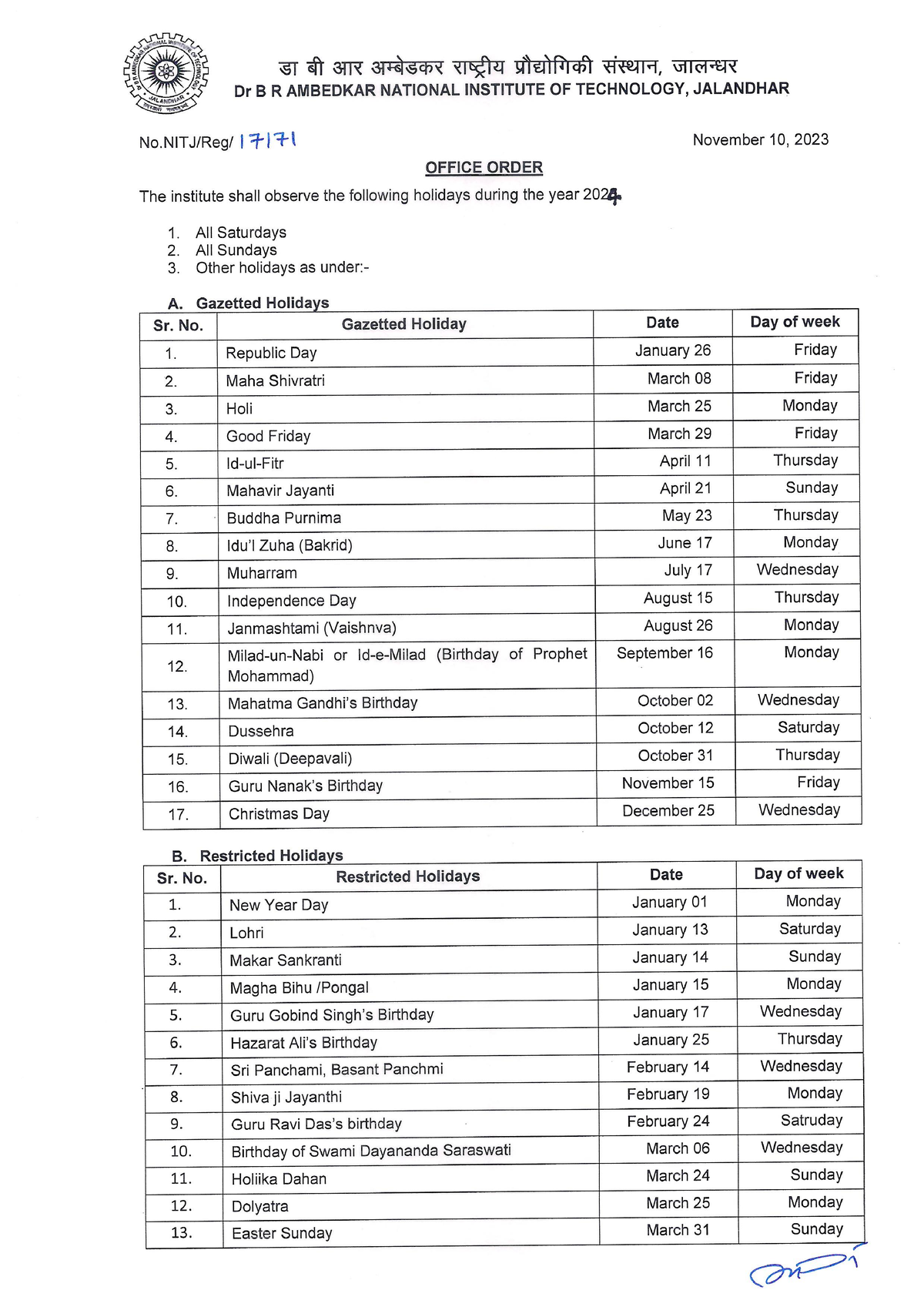 Office Order (List of Holidays 2024) 30963 Mechanical engineering