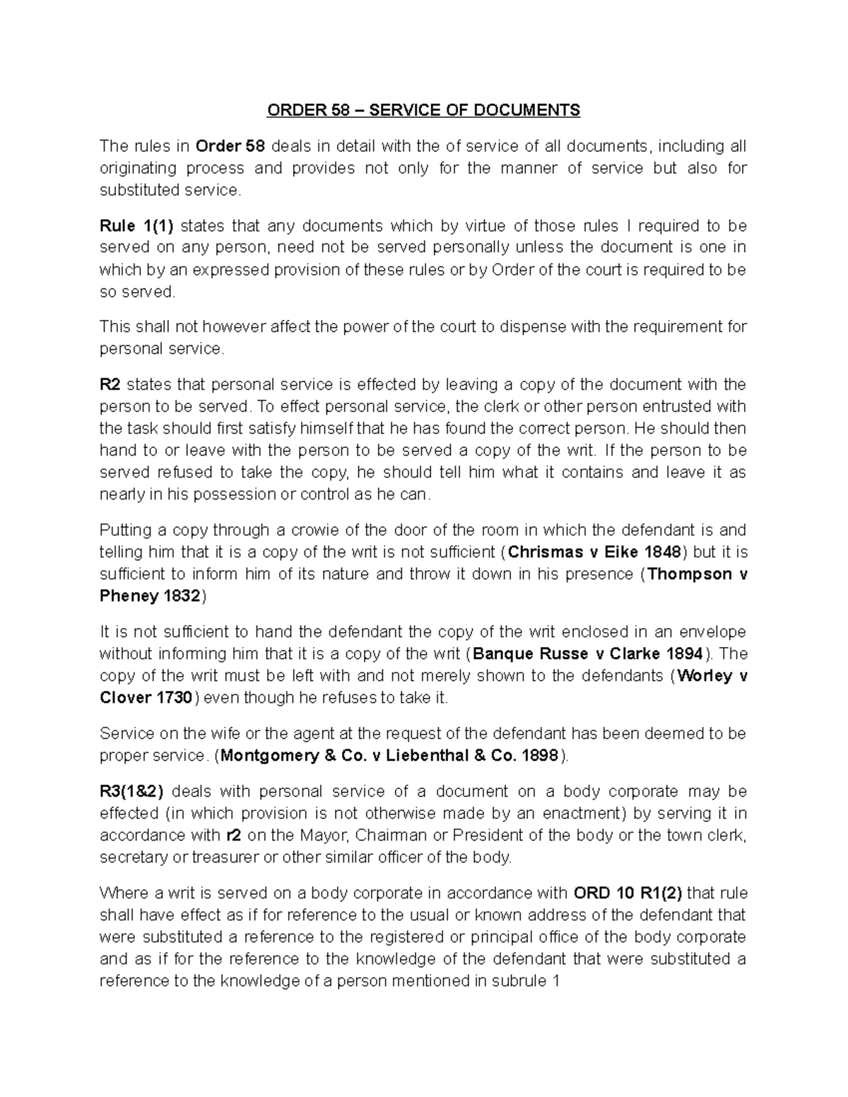 Order 58 Service OF Documents - ORDER 58 – SERVICE OF DOCUMENTS The ...