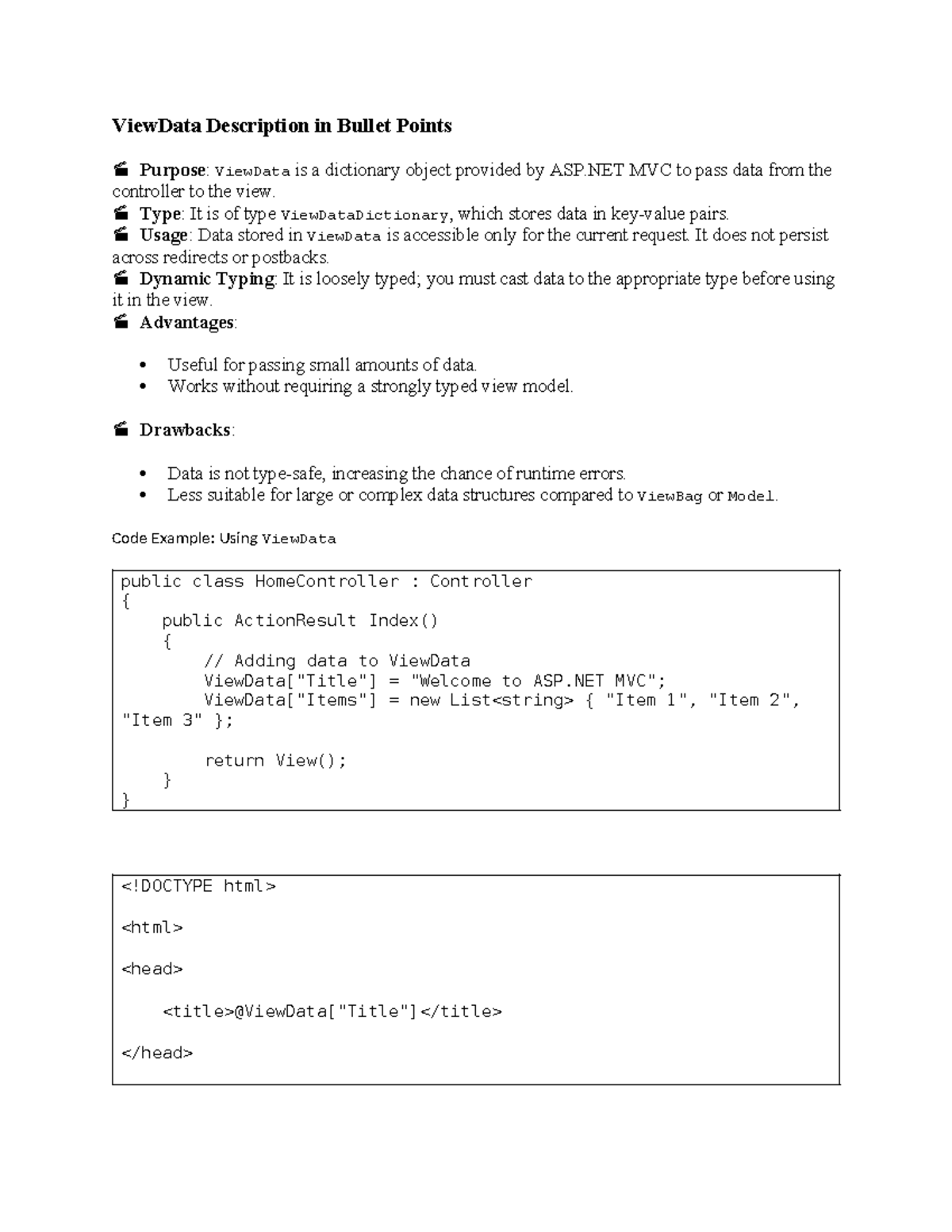 Asp CV - Asp documents - ViewData Description in Bullet Points Purpose ...