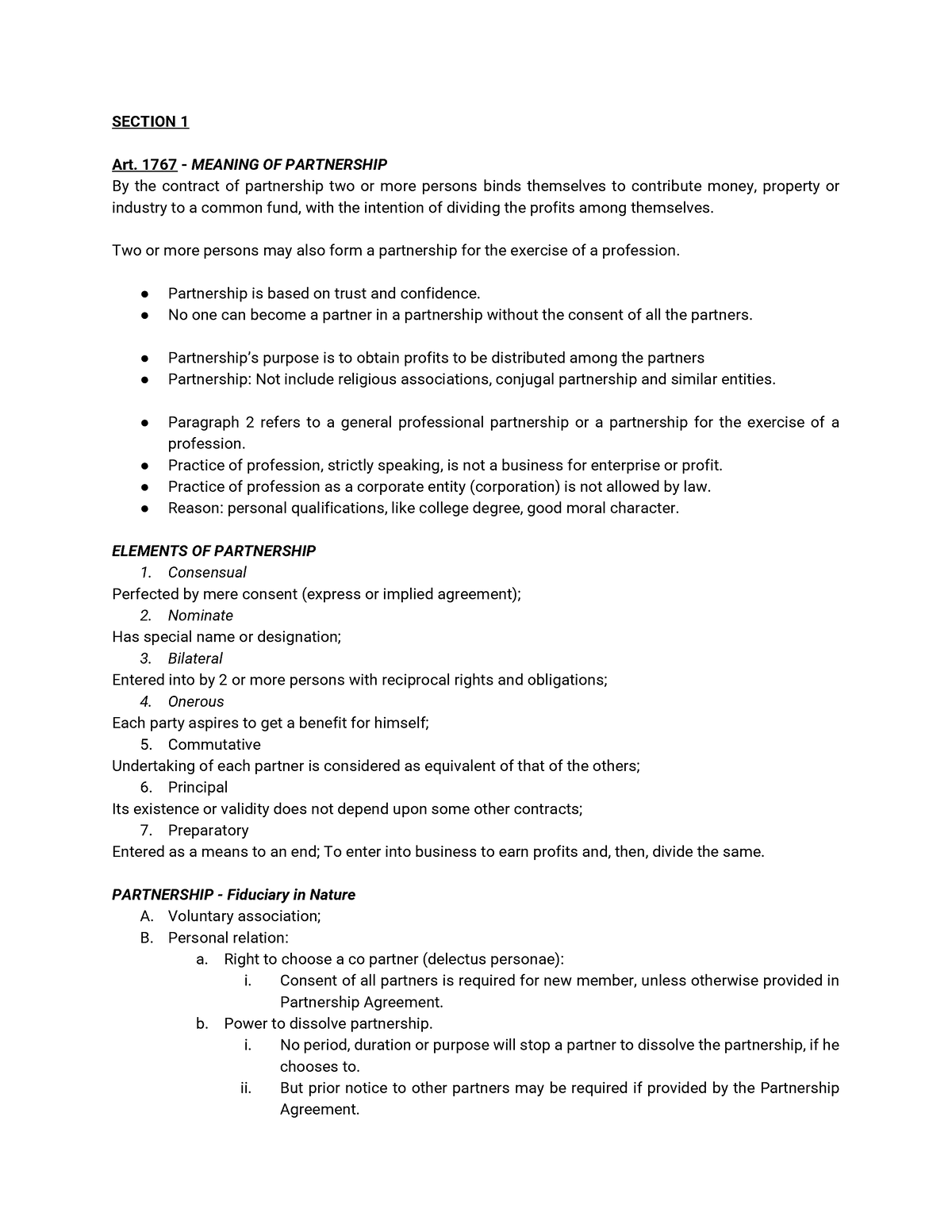 Section 1 - Notes - SECTION 1 Art. 1767 - MEANING OF PARTNERSHIP By the ...