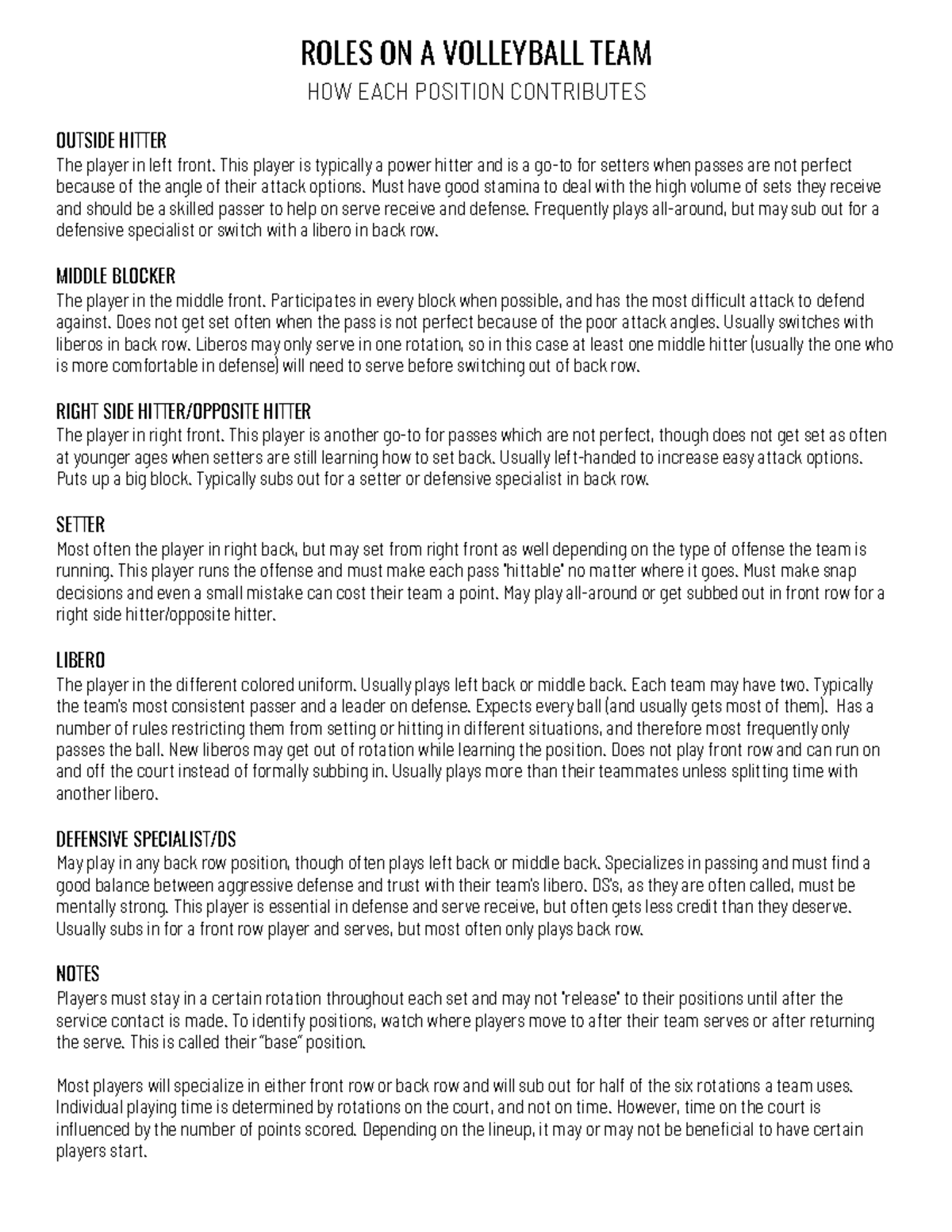 Roles On A Volleyball Team ROLES ON A VOLLEYBALL TEAM HOW EACH POSITION CONTRIBUTES OUTSIDE
