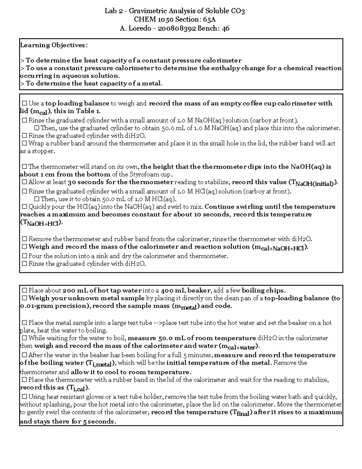 Lab 4 Flowchart - Learning Objectives: > To determine the heat capacity ...