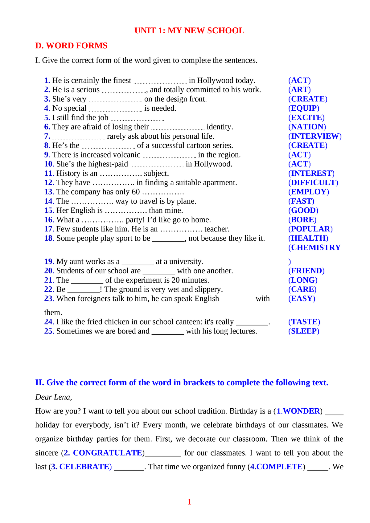 Bài tập Anh 6 theo chuyên đề 4. WORD FORM E6 (UNIT 1-6) - UNIT 1: MY ...