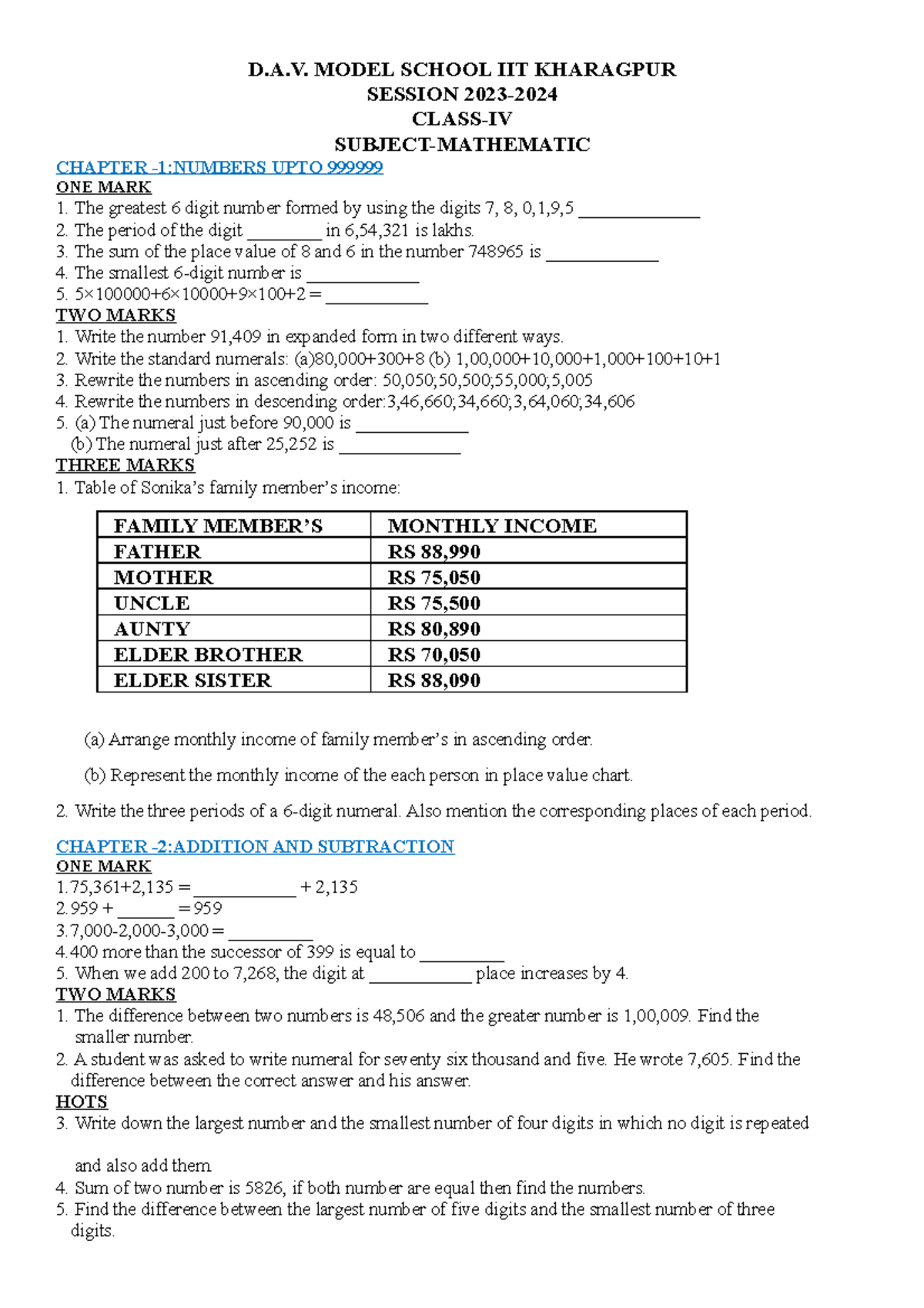 Class 4 Question BANK - D.A. MODEL SCHOOL IIT KHARAGPUR SESSION 2023 ...