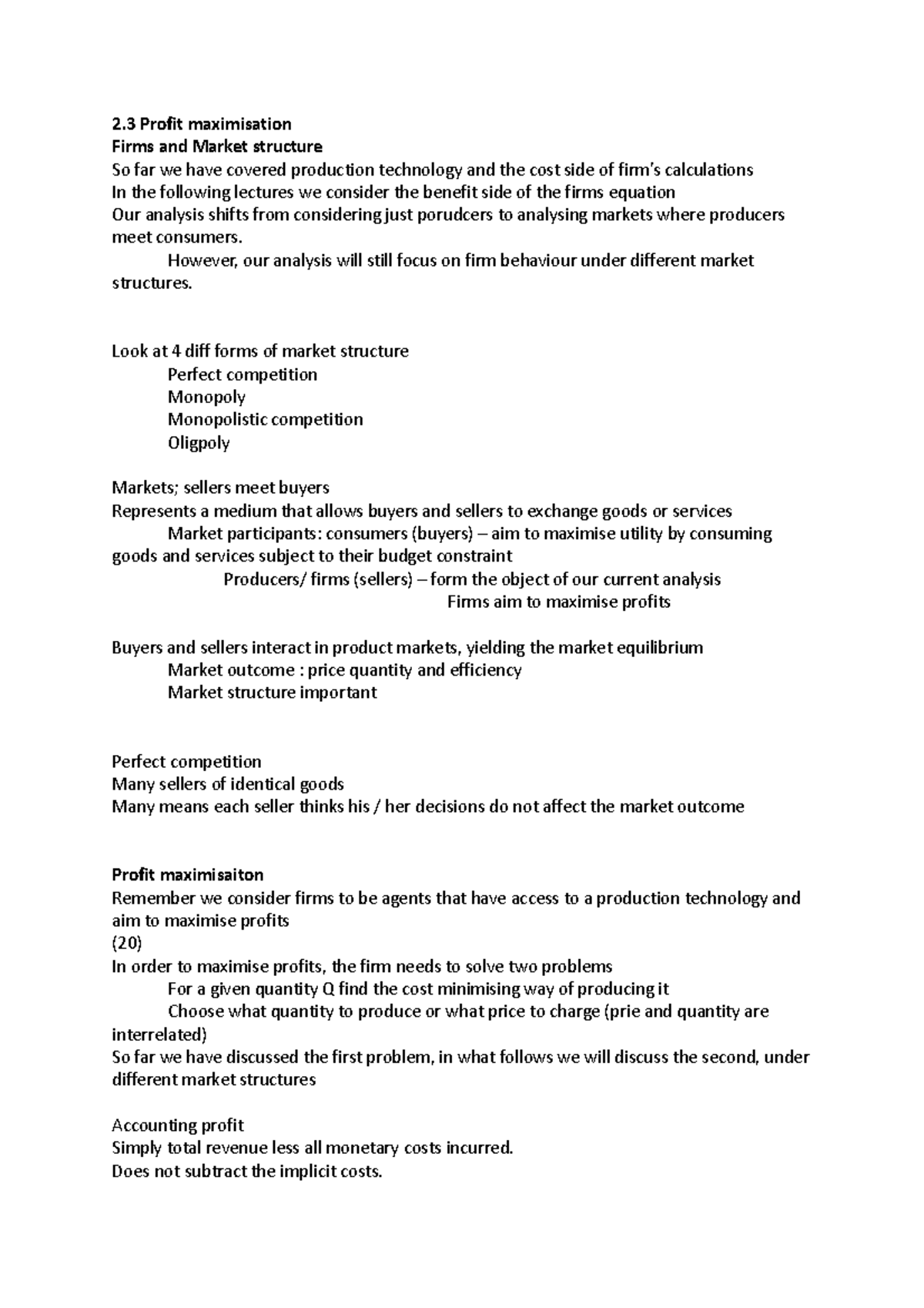 2.3.1 perfect competition lecture notes - 2 Profit maximisation Firms ...