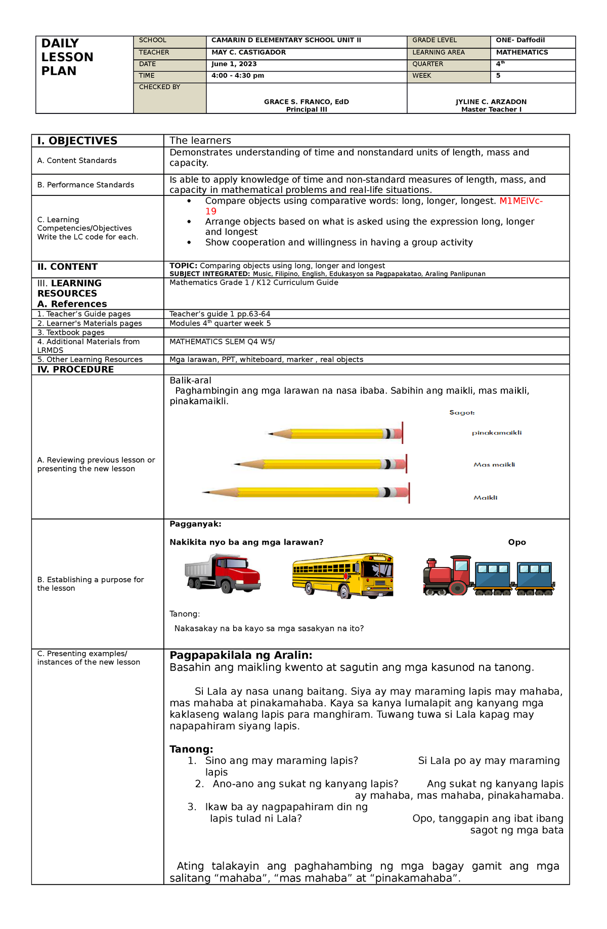 COT-4-Math-1 thursday - DAILY LESSON PLAN SCHOOL CAMARIN D ELEMENTARY ...