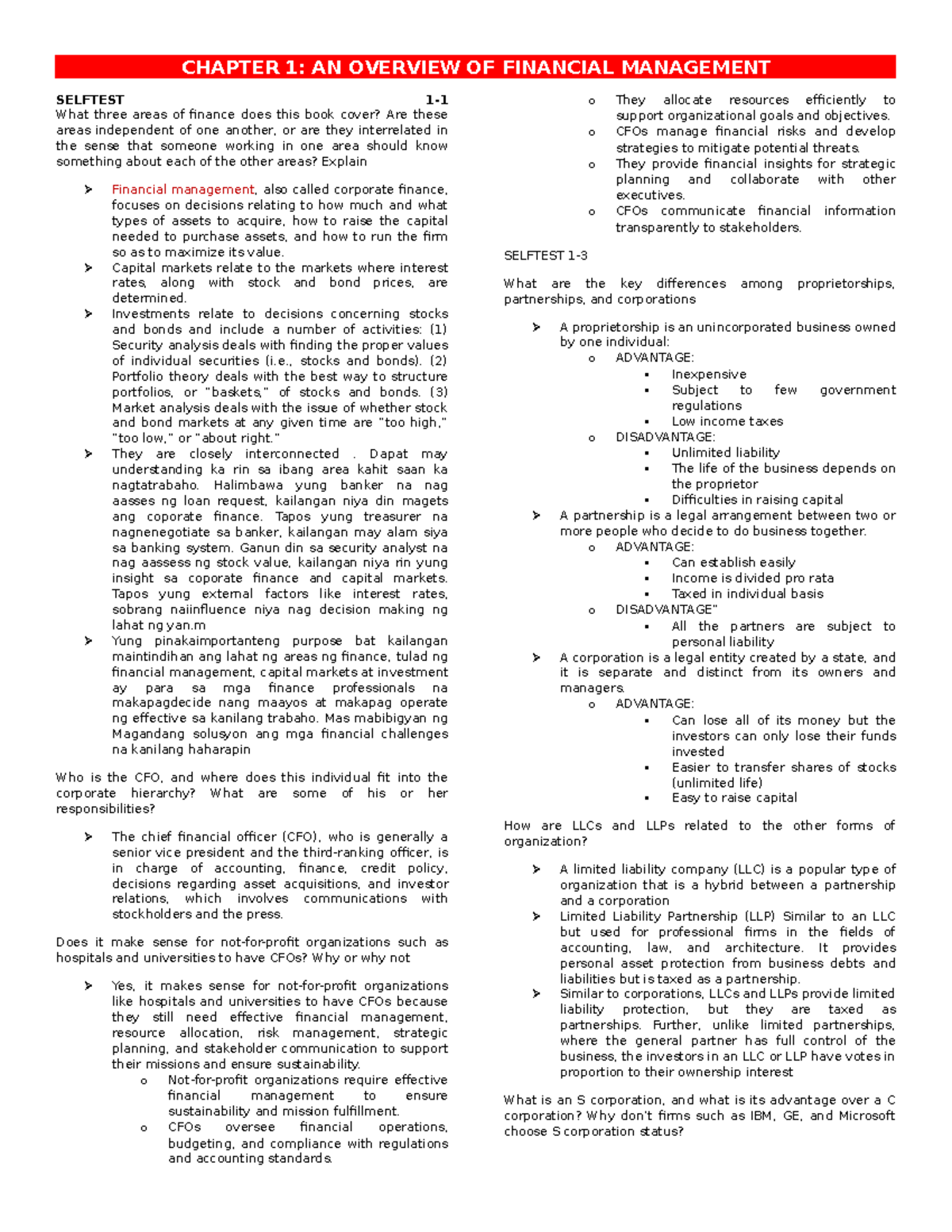 Chapter 1 - CHAPTER 1: AN OVERVIEW OF FINANCIAL MANAGEMENT SELFTEST 1 ...