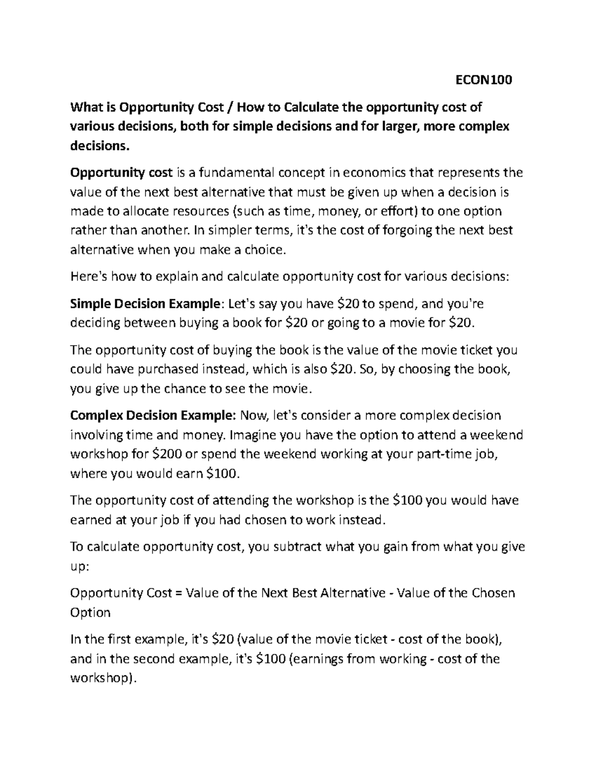 Unit 2 notes additional ECON What is Opportunity Cost / How to