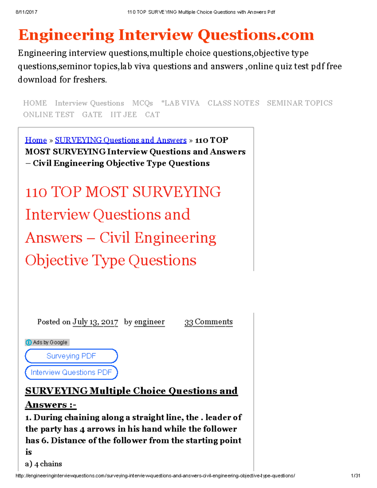 357010840 Surveying Multiple Choice Questions With Answers PDF Home