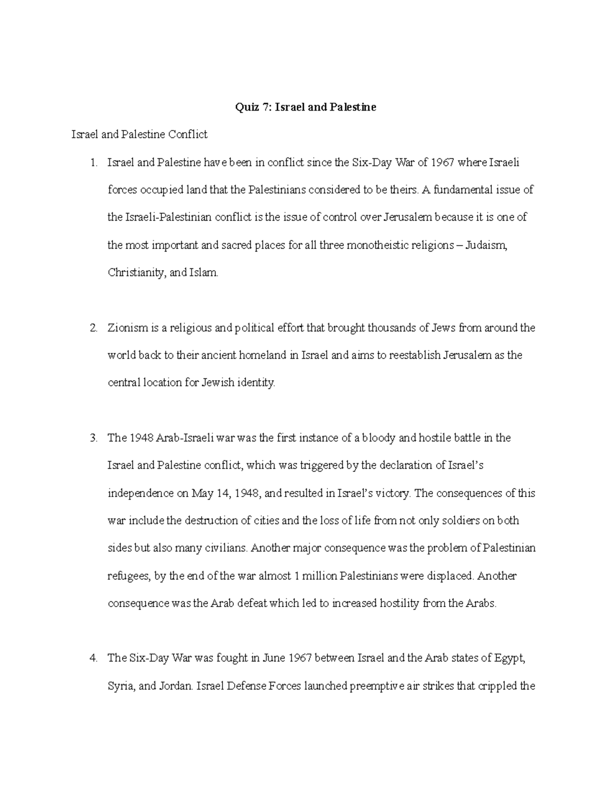 Quiz 7 Israel and Palestine - Quiz 7: Israel and Palestine Israel and