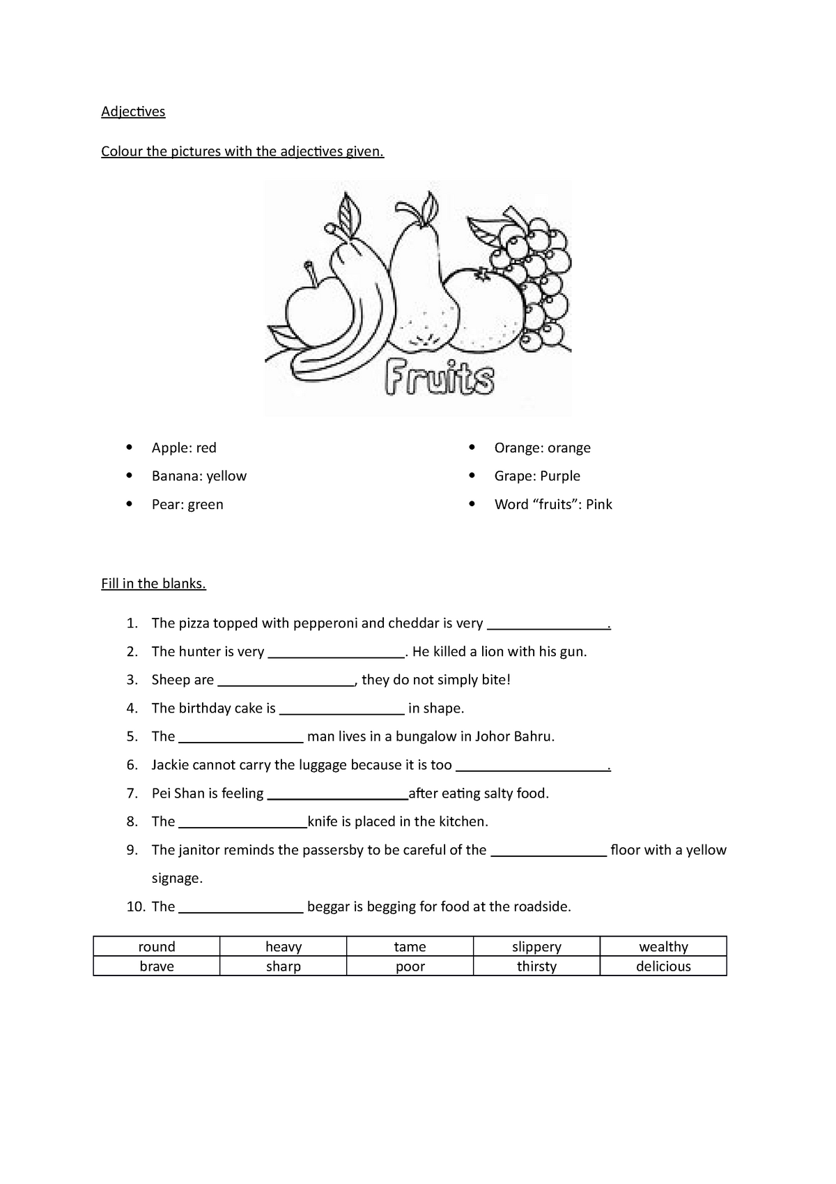 Adjectives For Primary School Students - Adjectives Colour The Pictures 