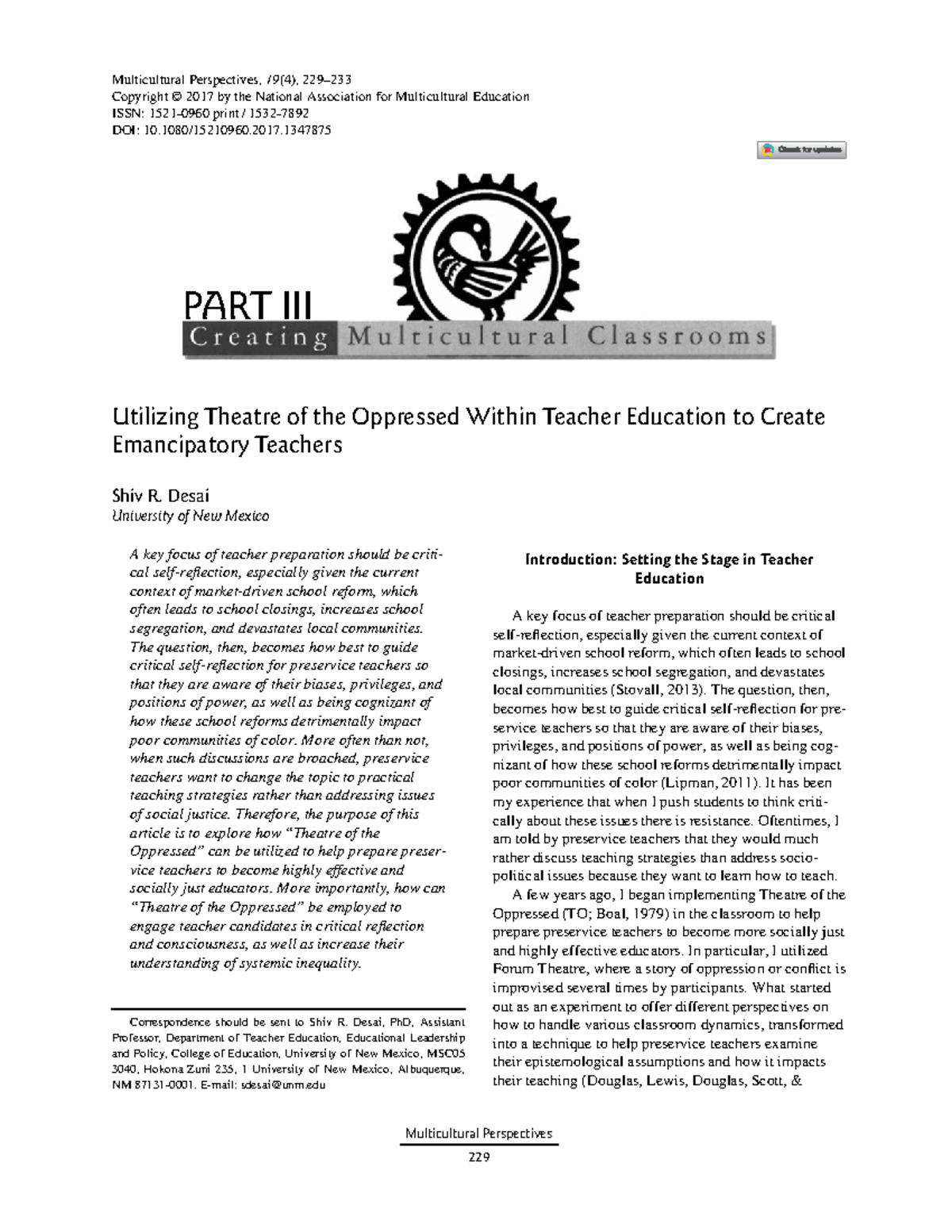 Utilizing Theatre of the Oppressed Within Teacher Education to Create ...