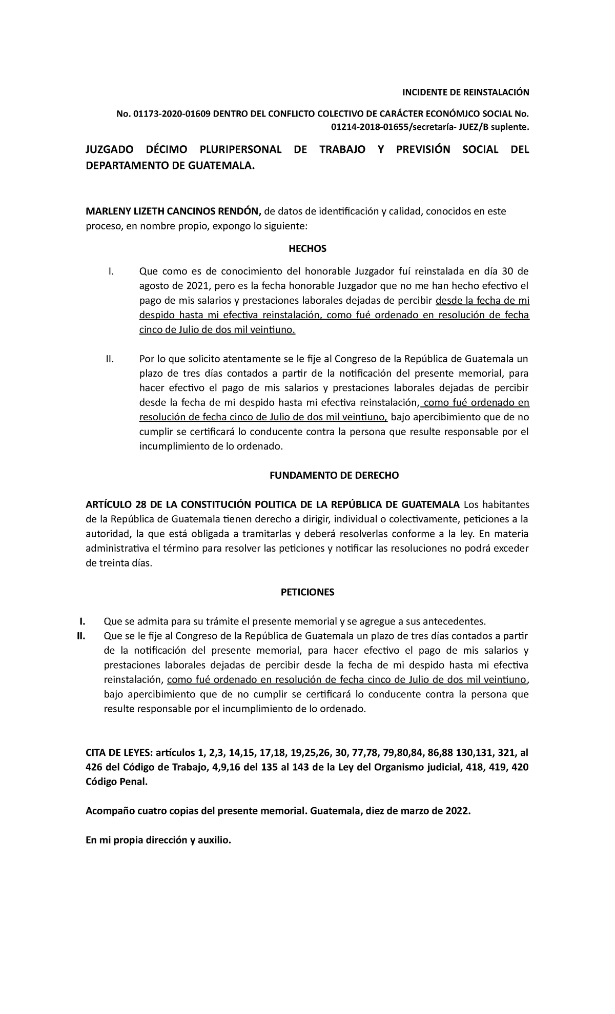 Incidente DE Reinstalación - INCIDENTE DE REINSTALACIÓN No. 01173-2020 ...