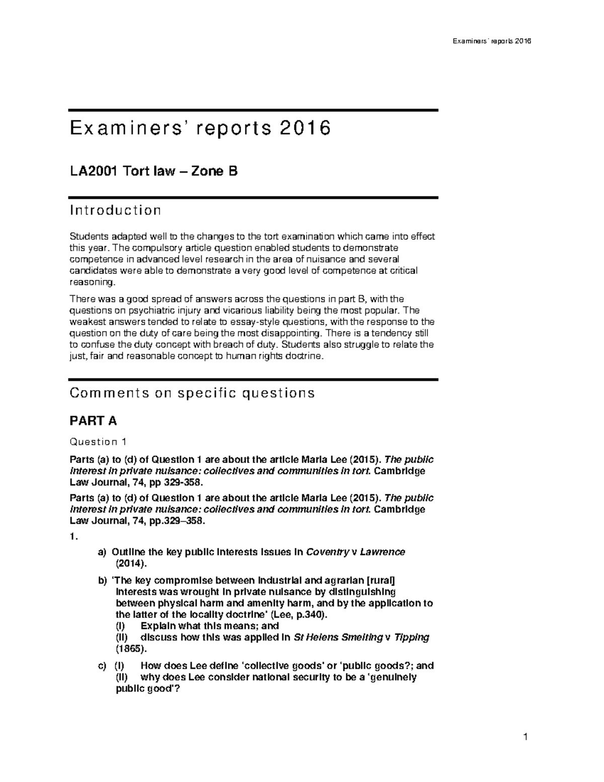 Tort Law Examination Report 2016 Part B - Examiners’ Reports 2016 ...