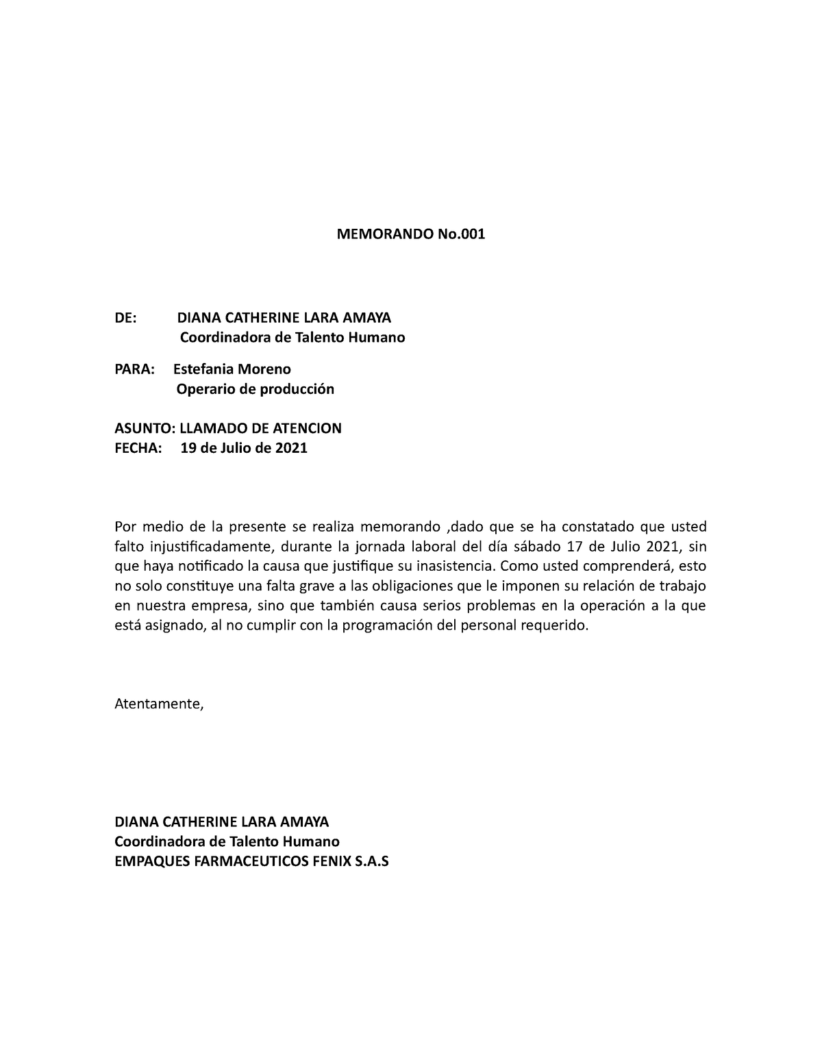 Ejemplo Formato De Memorando Llamado De Atencion 3357