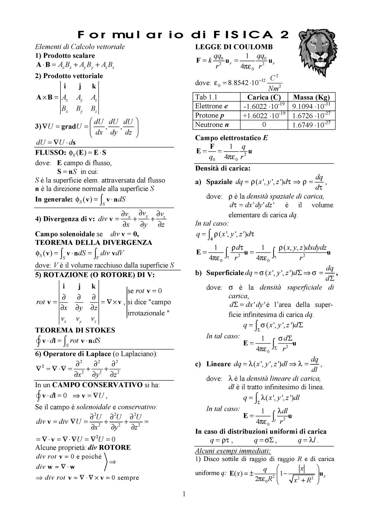 Formulario Fisica 2 F Or Mu L Ar Io Di F Is Ica 2 Elementi Di Calcolo Vettoriale Prodotto 9276