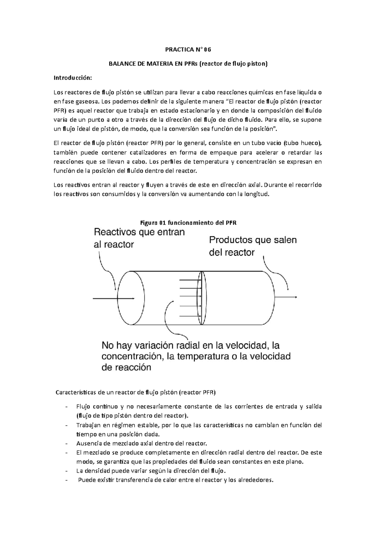 Practica N6 Balance DE Materia EN PFRs Reactor De Flujo Piston