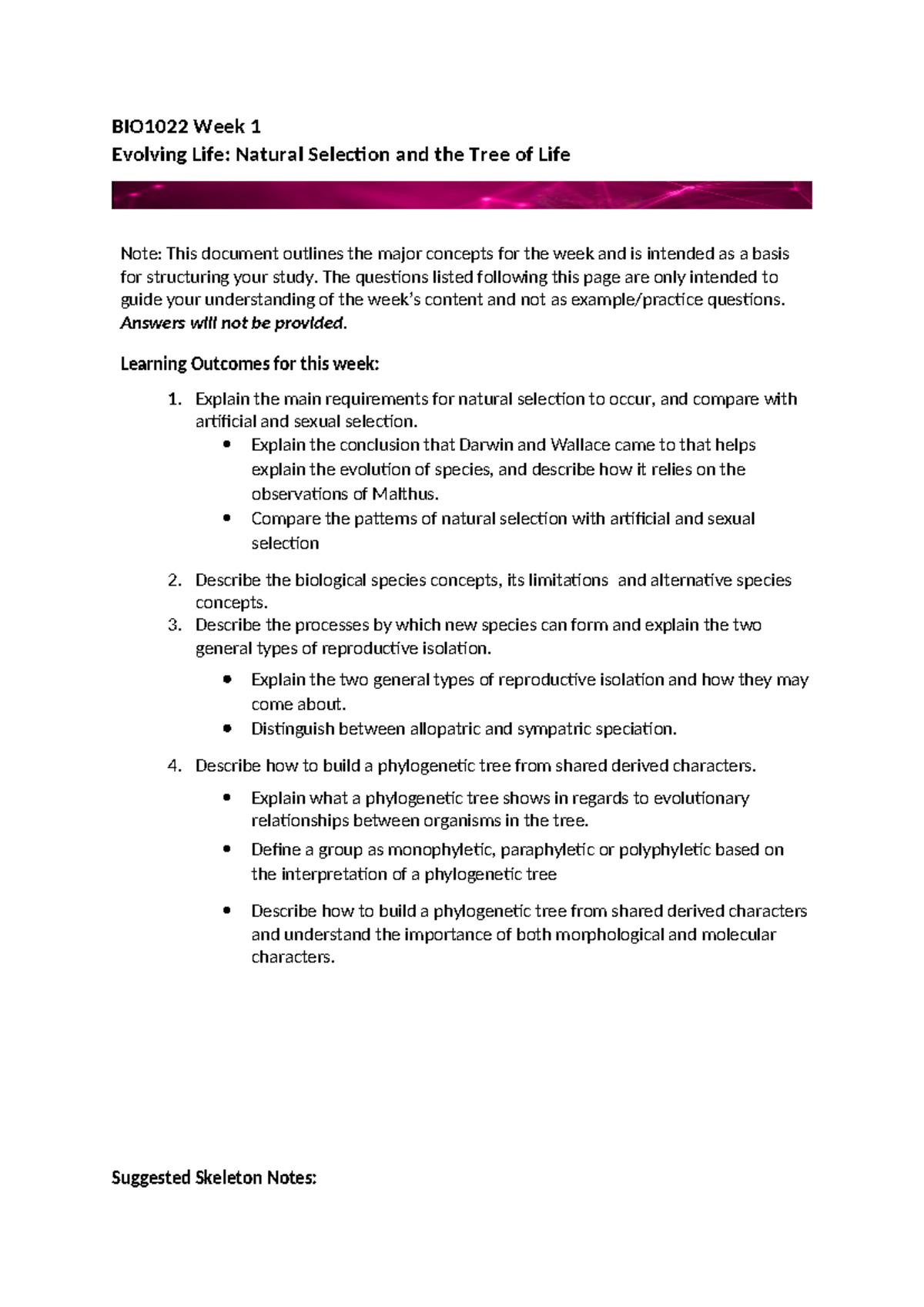 Week 1 Study Guide - ... - BIO1022 Week 1 Evolving Life: Natural ...