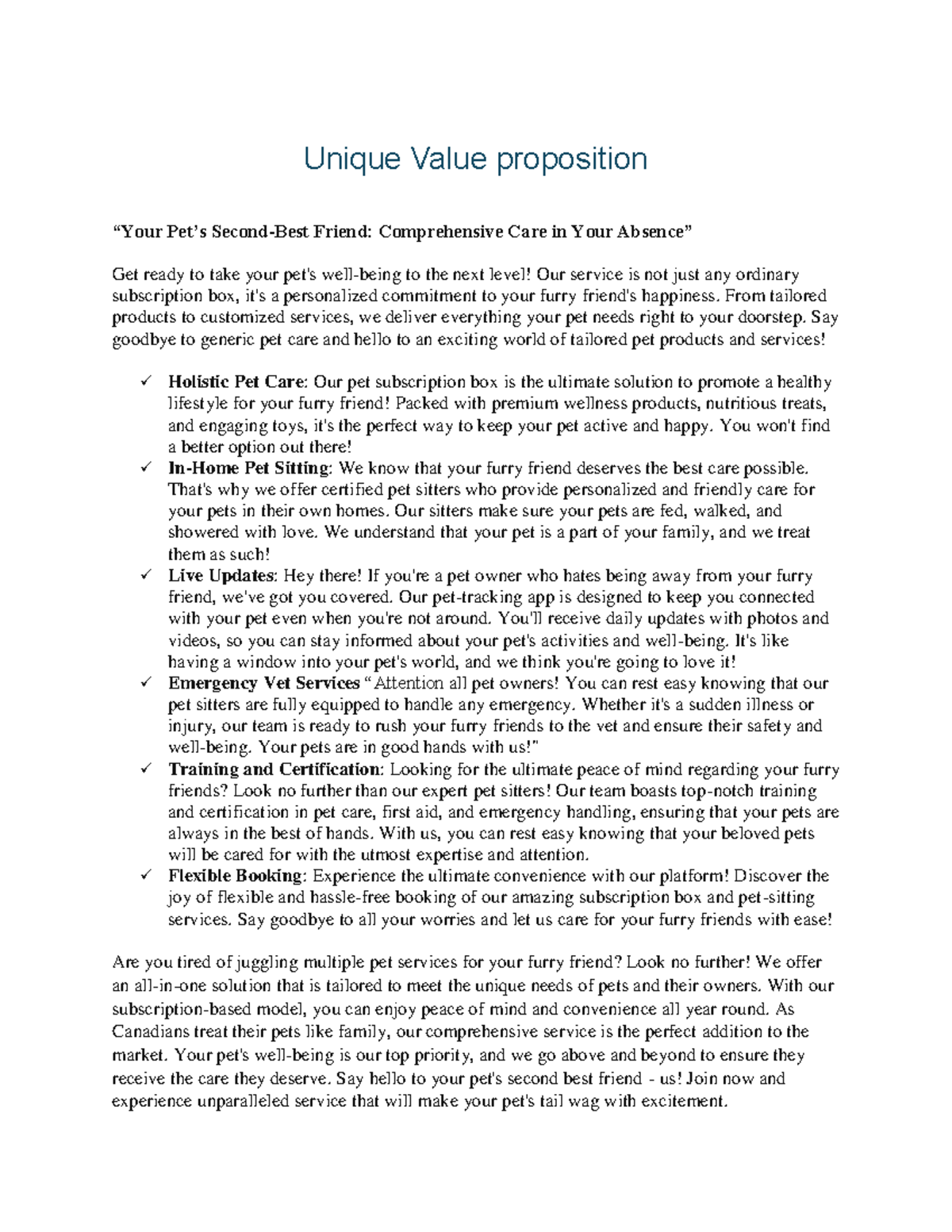 UVP - Unique value Proposition - Unique Value proposition “Your Pet’s ...