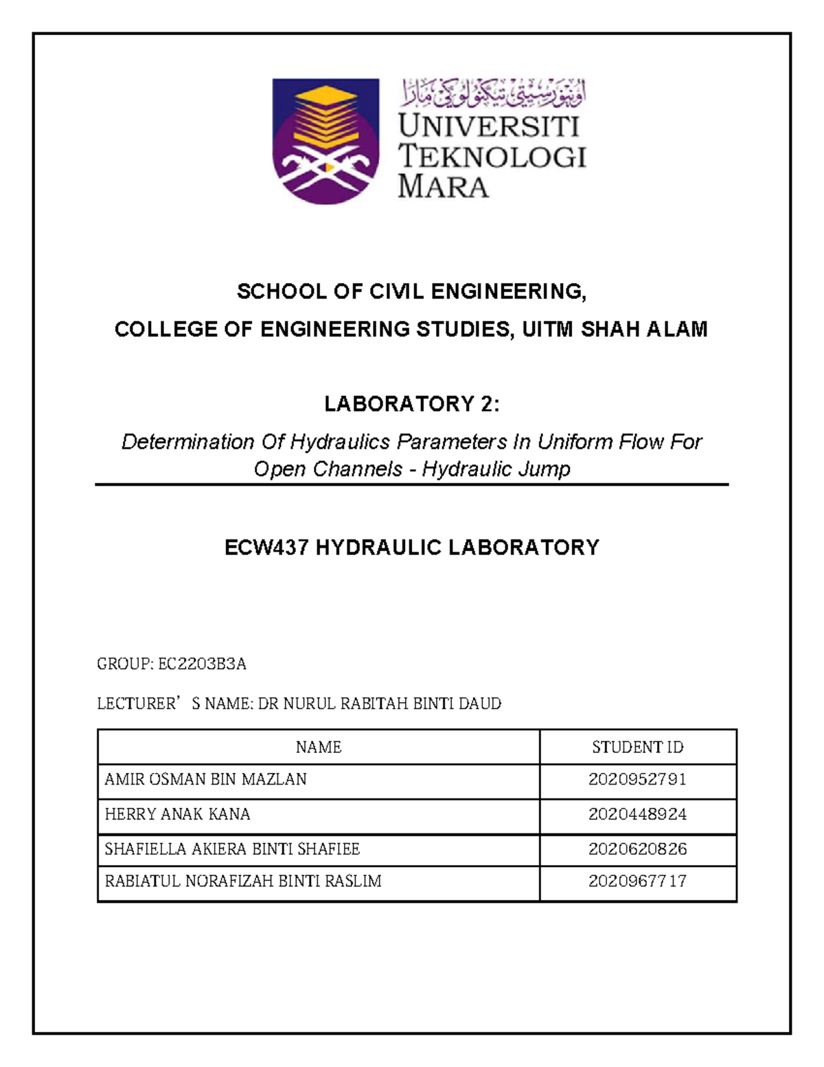 Group 3 Report Laboratory 2 Hydraulics JUMP SCHOOL OF CIVIL